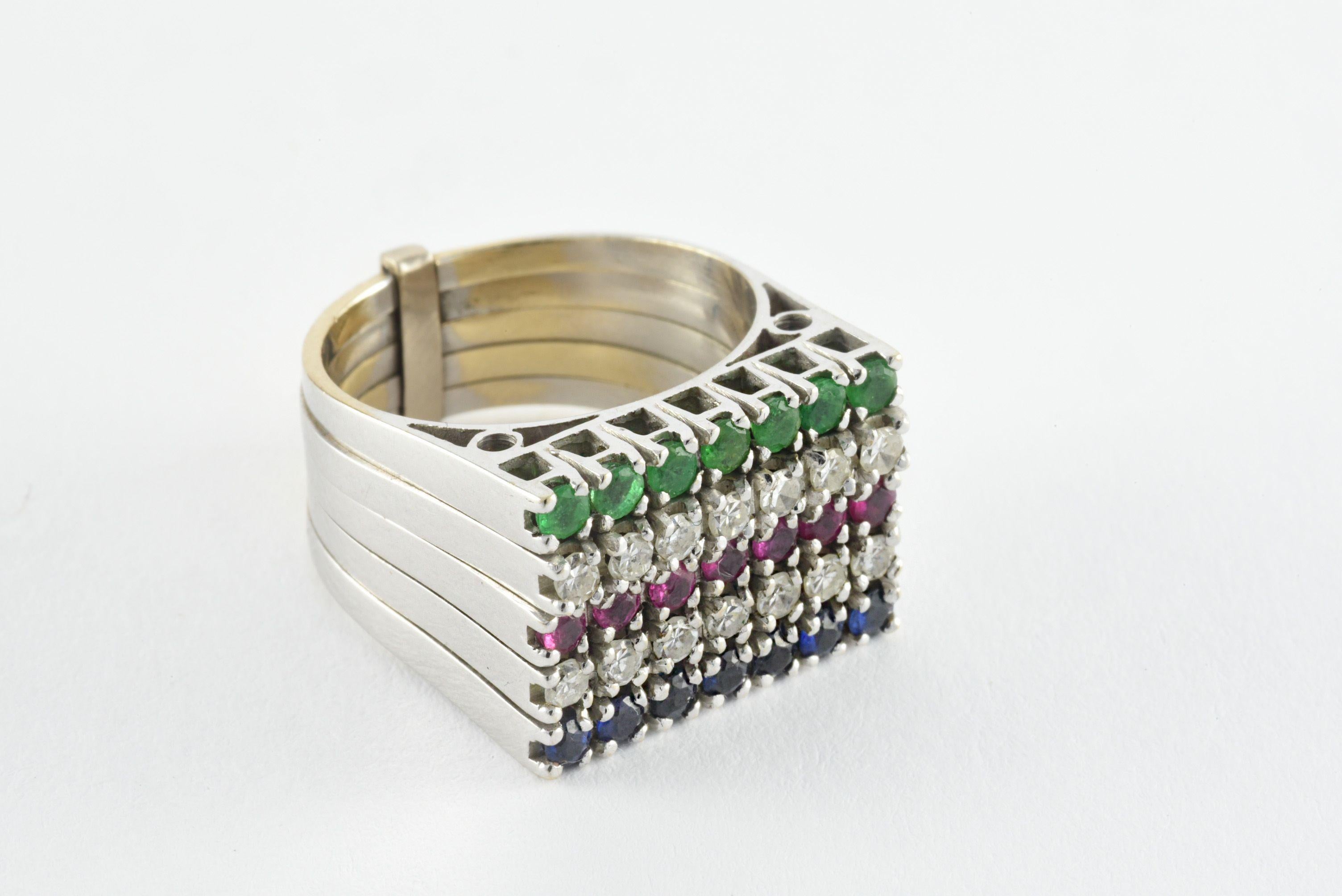 Single Cut Five Row Green Emerald, Diamond, Ruby and Sapphire Stacking Ring  For Sale