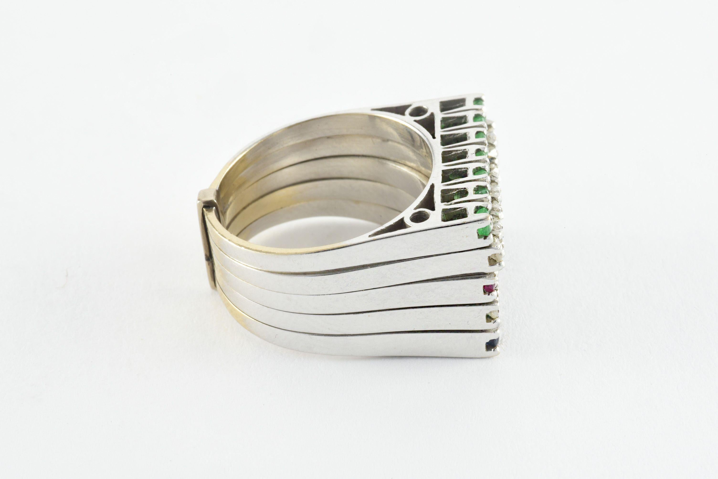 Five Row Green Emerald, Diamond, Ruby and Sapphire Stacking Ring  In Good Condition For Sale In Denver, CO
