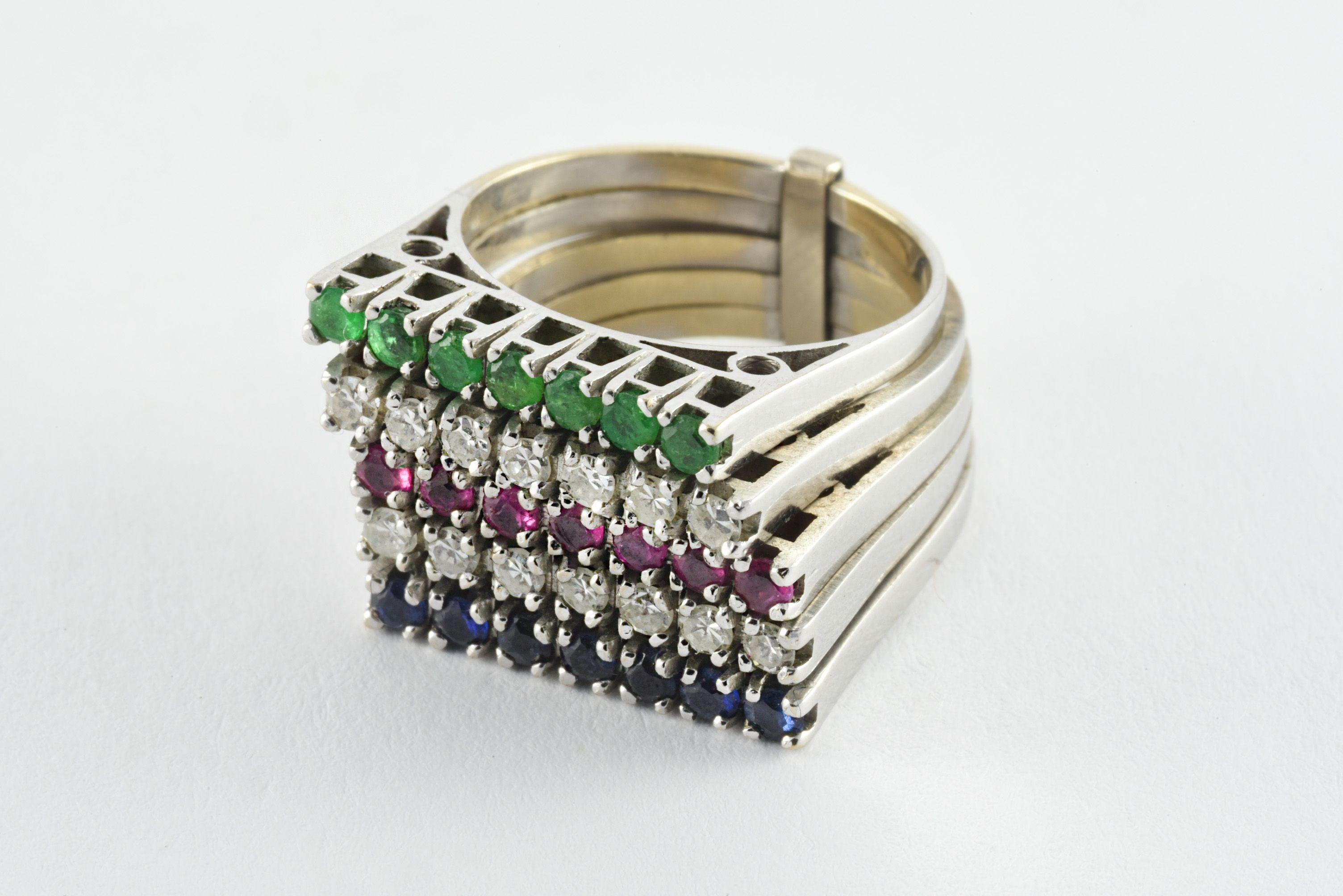 Five Row Green Emerald, Diamond, Ruby and Sapphire Stacking Ring  For Sale 1