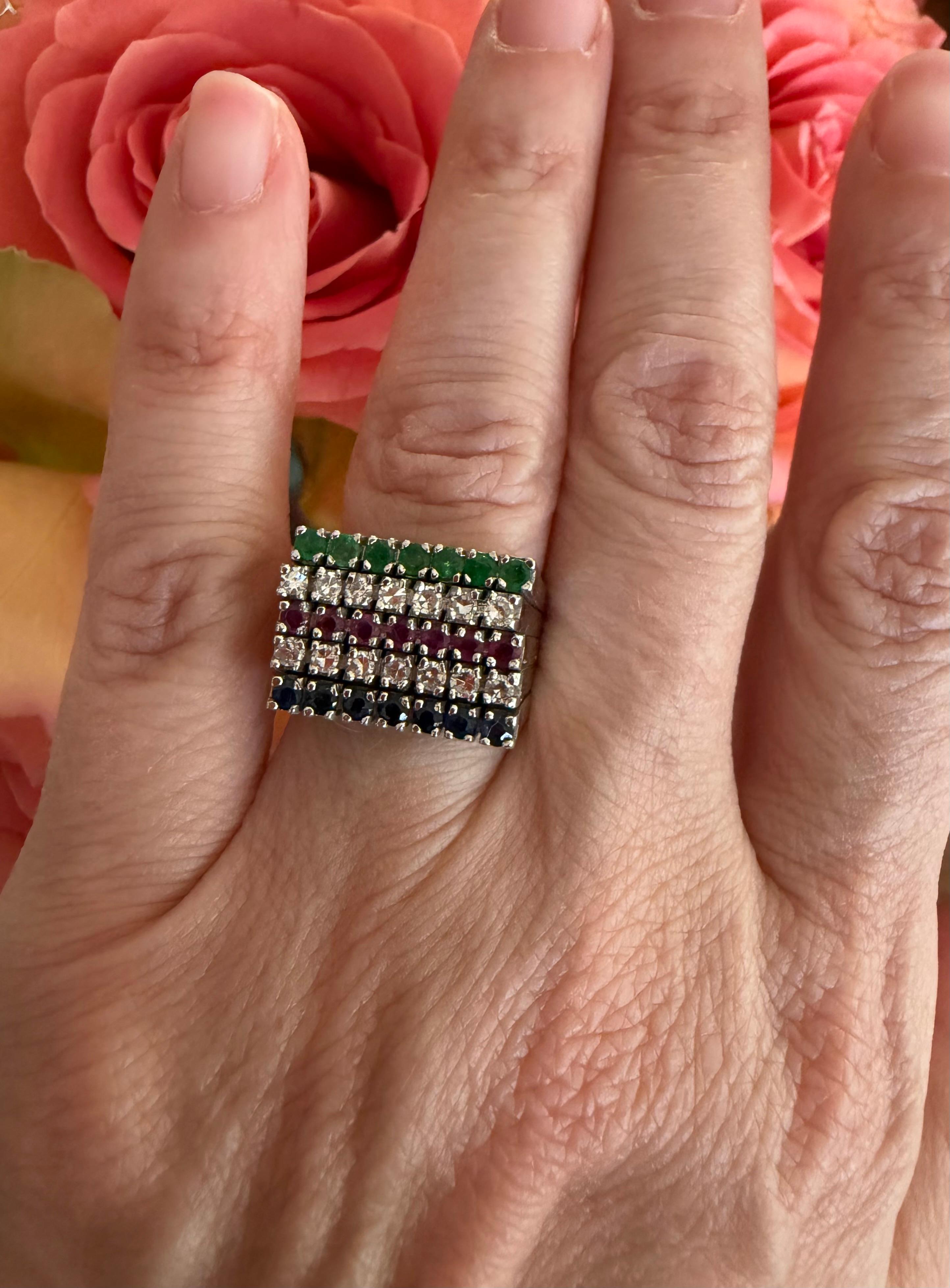 Five Row Multi-gemstone Harem Ring In 18k White G… - image 9