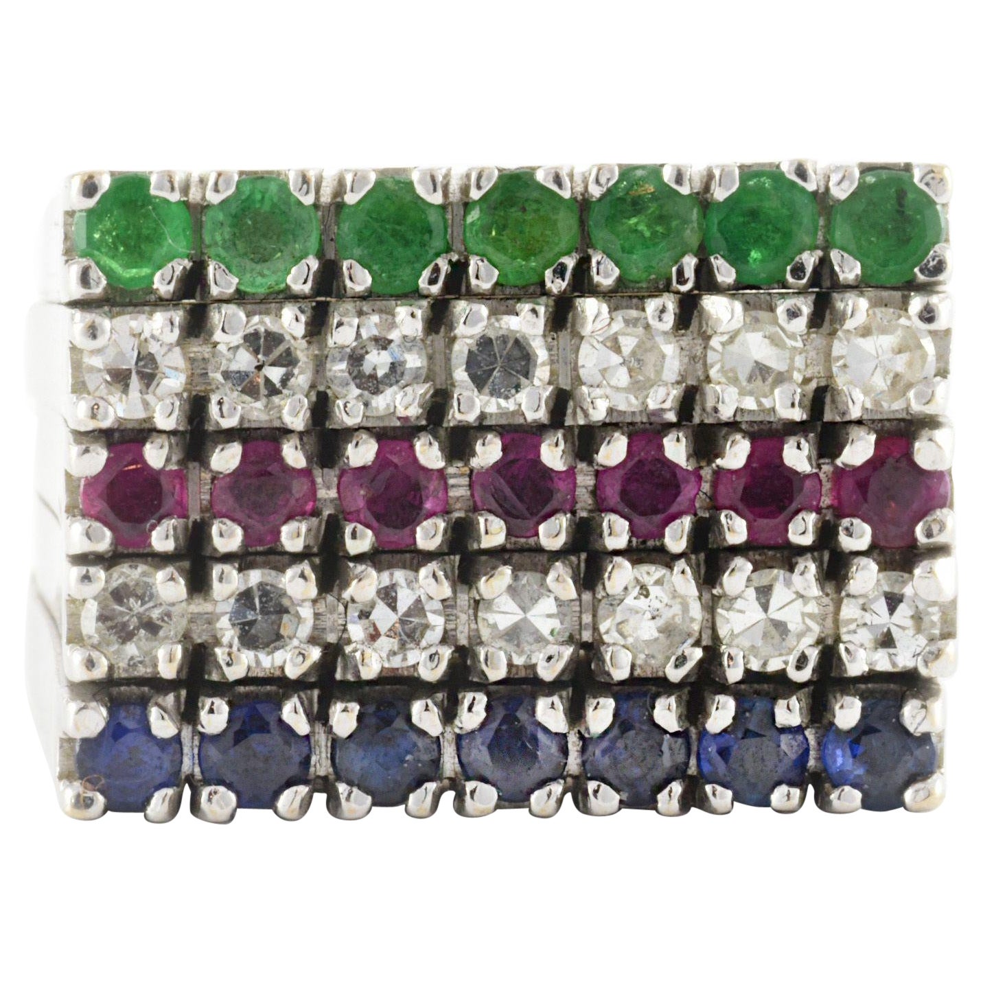 Five Row Green Emerald, Diamond, Ruby and Sapphire Stacking Ring For Sale