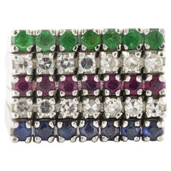 Five Row Green Emerald, Diamond, Ruby and Sapphire Stacking Ring
