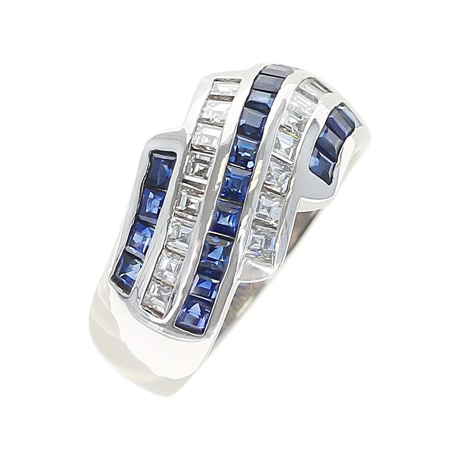 Square Cut Five-Row Linear Patterned Invisibly Set Sapphire and Diamond Ring, Platinum For Sale