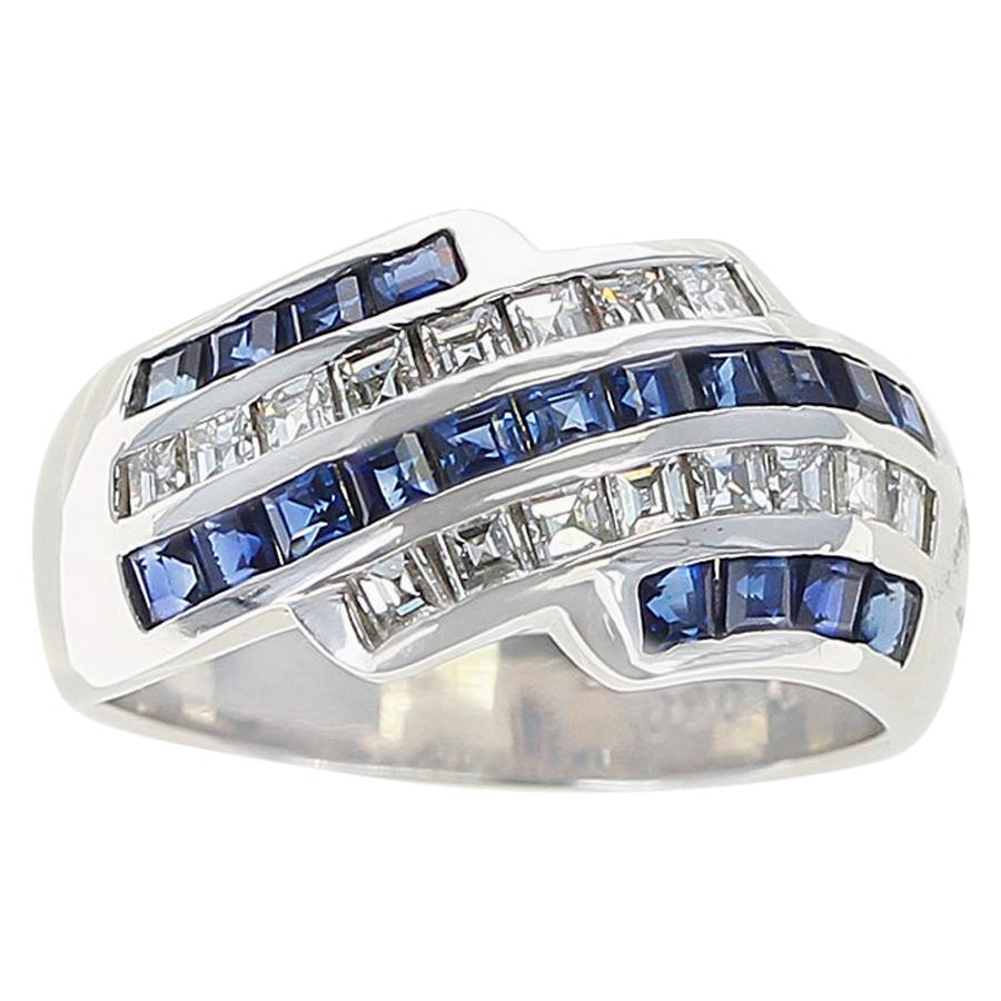 Five-Row Linear Patterned Invisibly Set Sapphire and Diamond Ring, Platinum For Sale