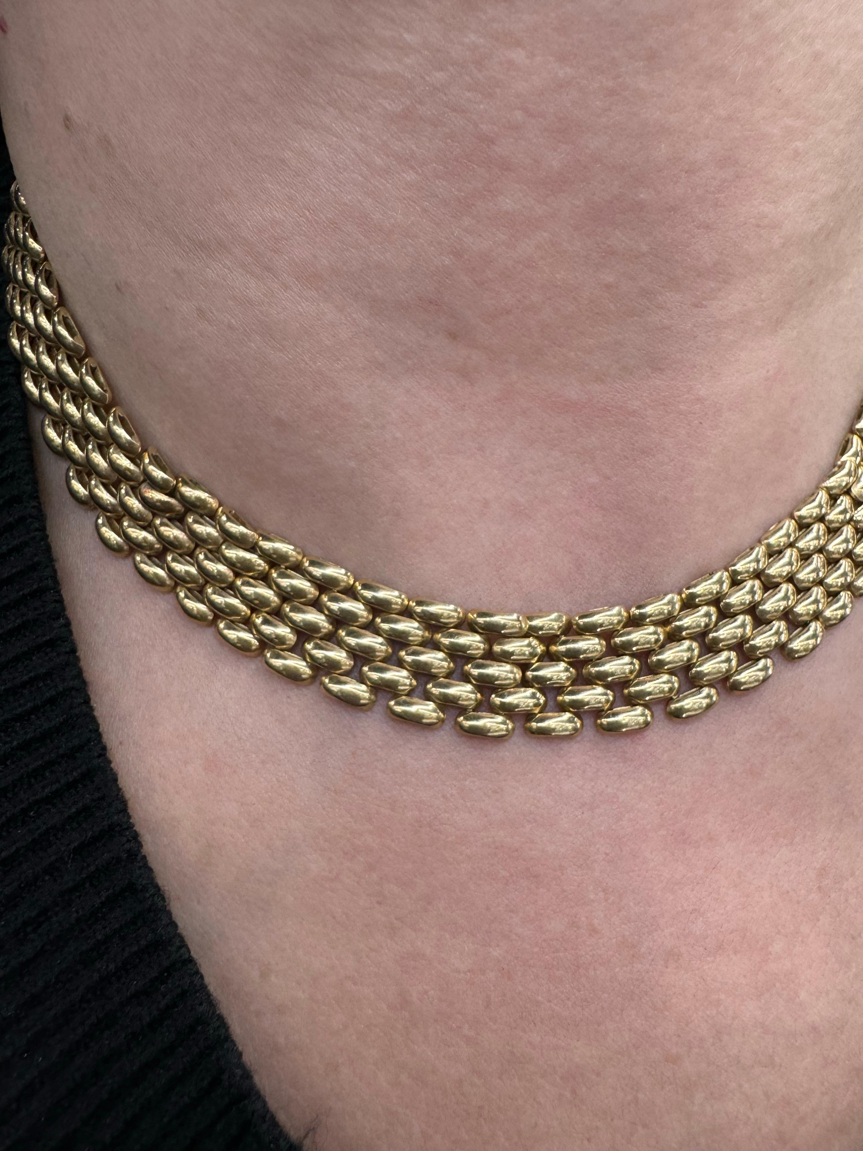 Fünfreihige Panther-Gliederhalskette 14 Karat Gelbgold 38.1 Gramm 16,5 Zoll im Zustand „Hervorragend“ im Angebot in New York, NY