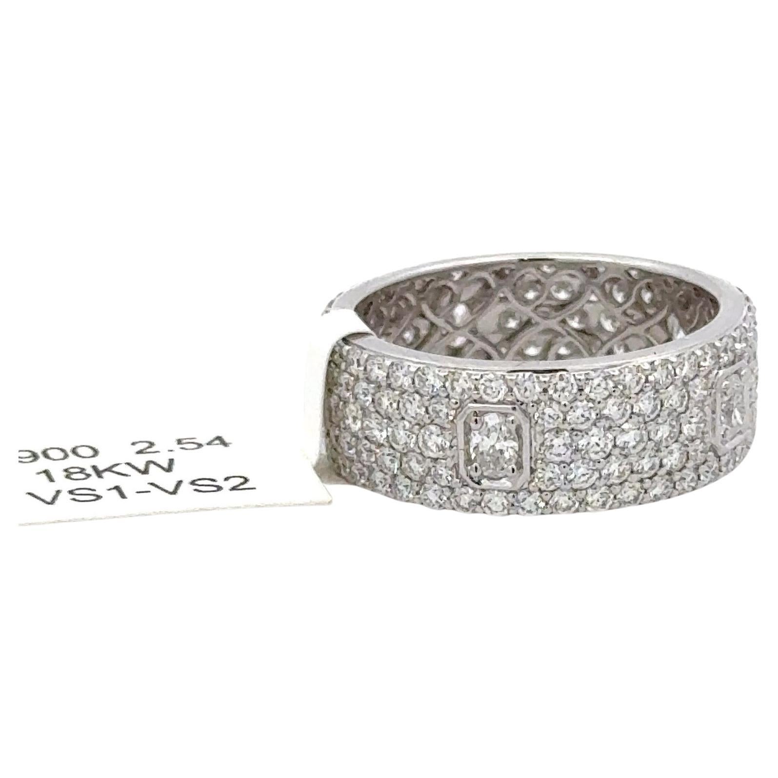 Round Cut Five Row Round & Oval Cut Diamond Band Ring 2.54 Carats 18 Karat White Gold For Sale