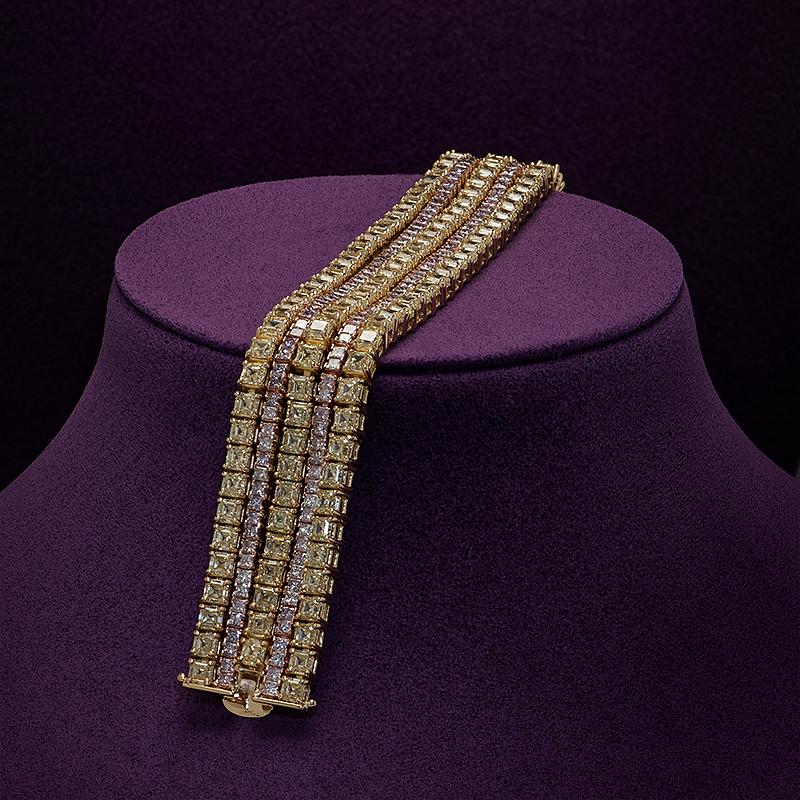 Asscher Cut Five Row Yellow & Pink Diamond Bracelet For Sale