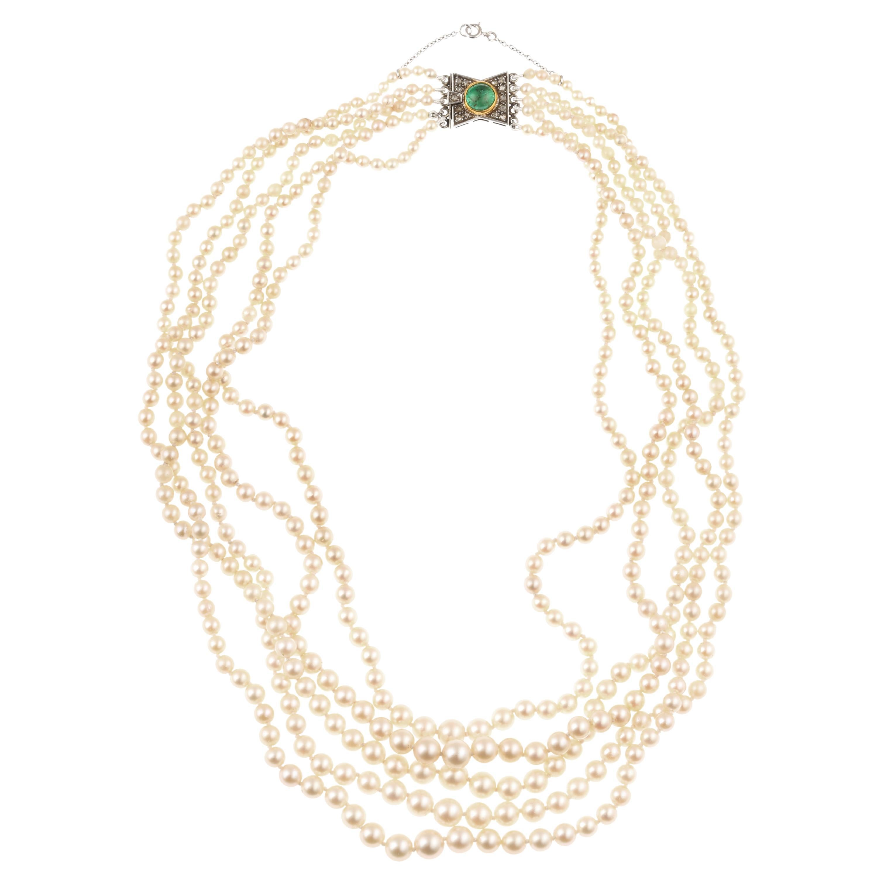 Five Rows of Pearls Emerald Diamonds 18k White Gold Art Deco Necklace