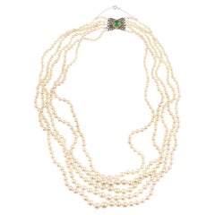 Five Rows of Pearls Emerald Diamonds 18k White Gold Art Deco Necklace