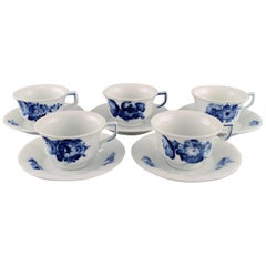 Five Royal Copenhagen Blue Flower Angular Teacups with Saucers in Porcelain