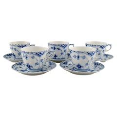 Five Royal Copenhagen Blue Fluted Half Lace Coffee Cups with Saucers
