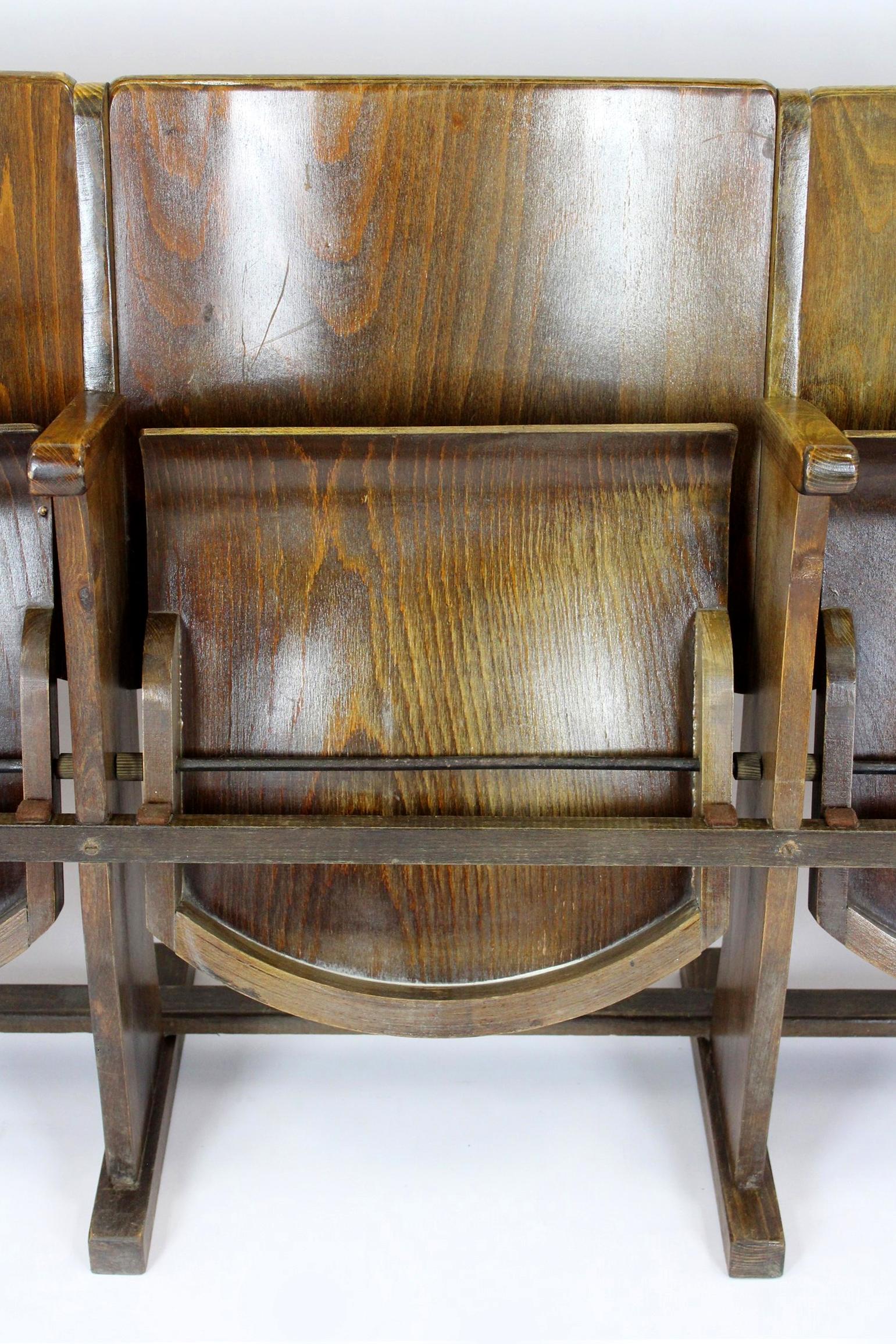 
Original cinema seats manufactured by TON (formerly Thonet) in the 1960s. Made of beech wood and bent plywood. Preserved in original, good condition.

Please contact us if you want to buy more pieces, we offer 9 benches.