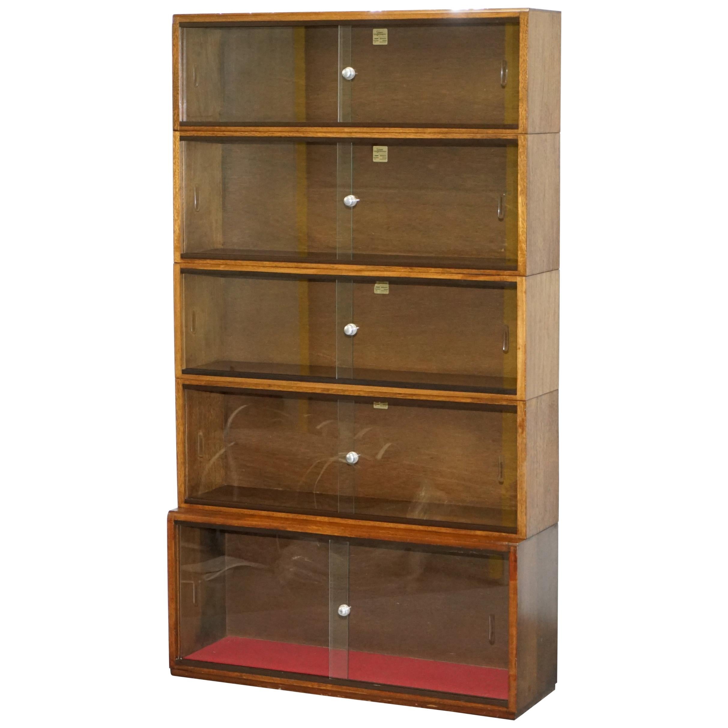 Five-Section 1960s Simplex Medium Oak Stacking Legal Library Bookcase Glass