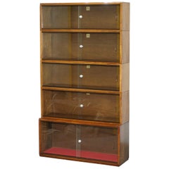 Vintage Five-Section 1960s Simplex Medium Oak Stacking Legal Library Bookcase Glass