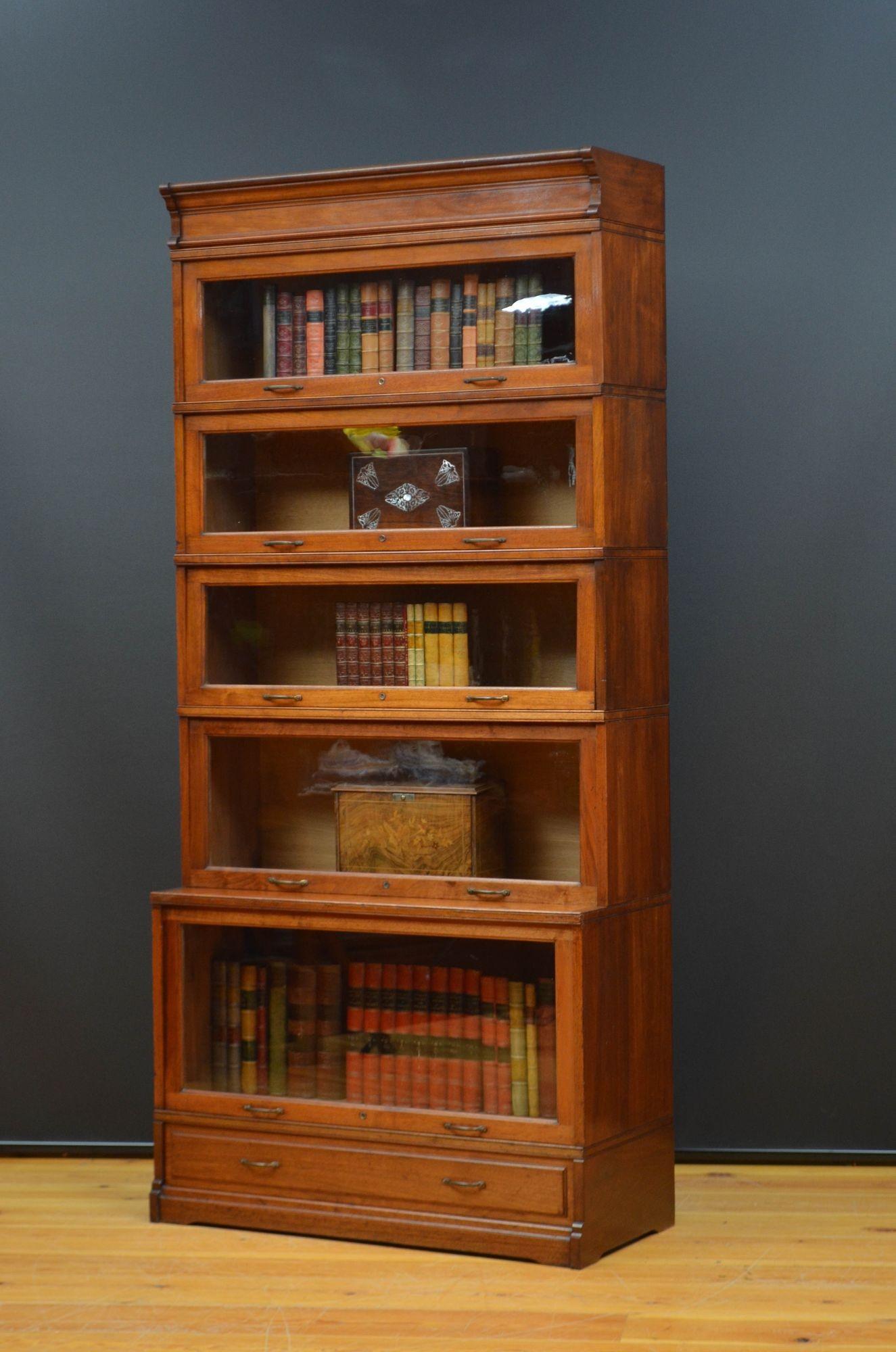 English Five Section Solid Walnut Barrister Bookcase
