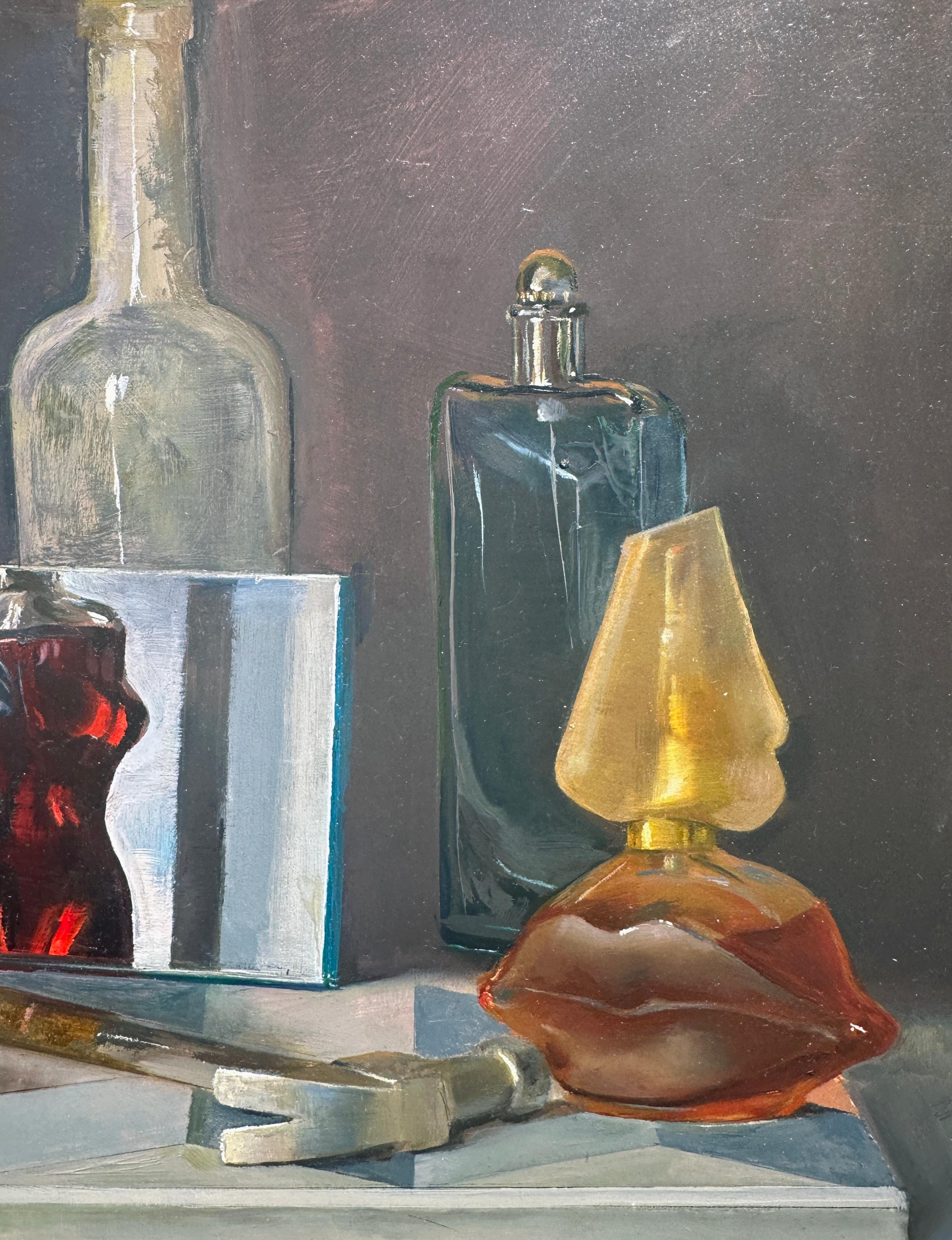 Mid-Century Modern Five Senses Still Life, Collection of Original Oil Painting on Panel For Sale