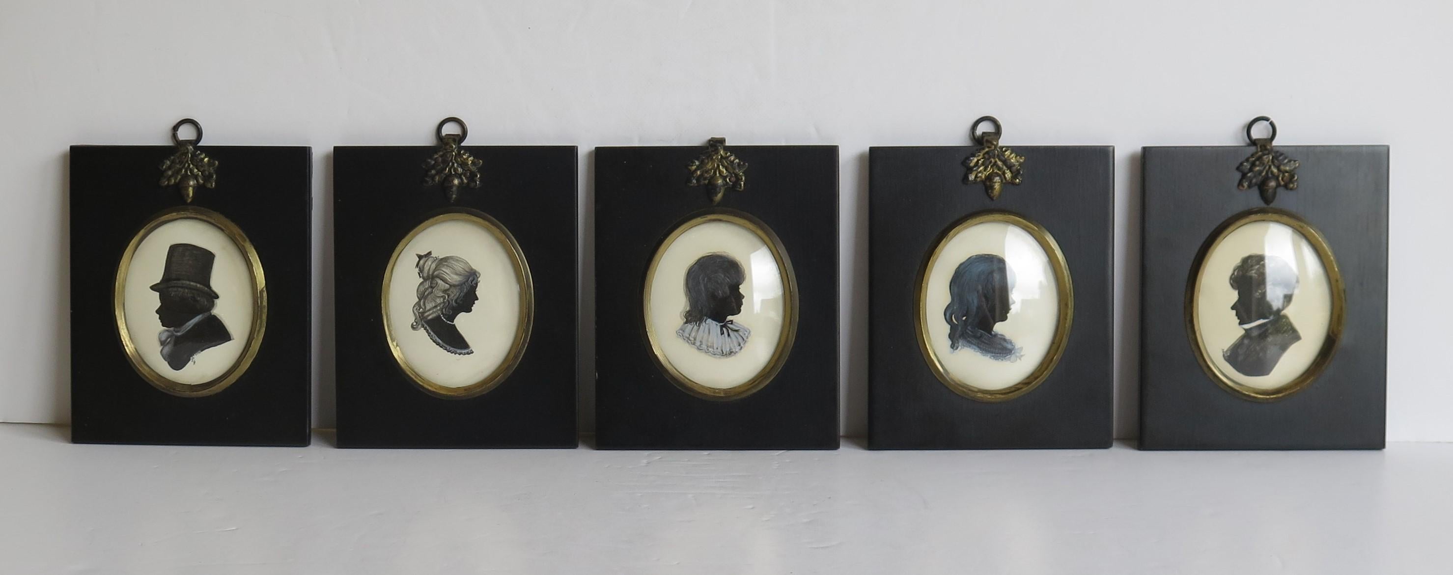 English Five Silhouette Miniatures All Hand Painted & Monogramed by Dorothy Turton RMS For Sale