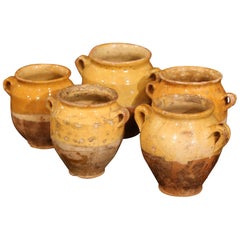 Used Five Small 19th Century French Yellow Glazed "Confit Pots" from the Perigord
