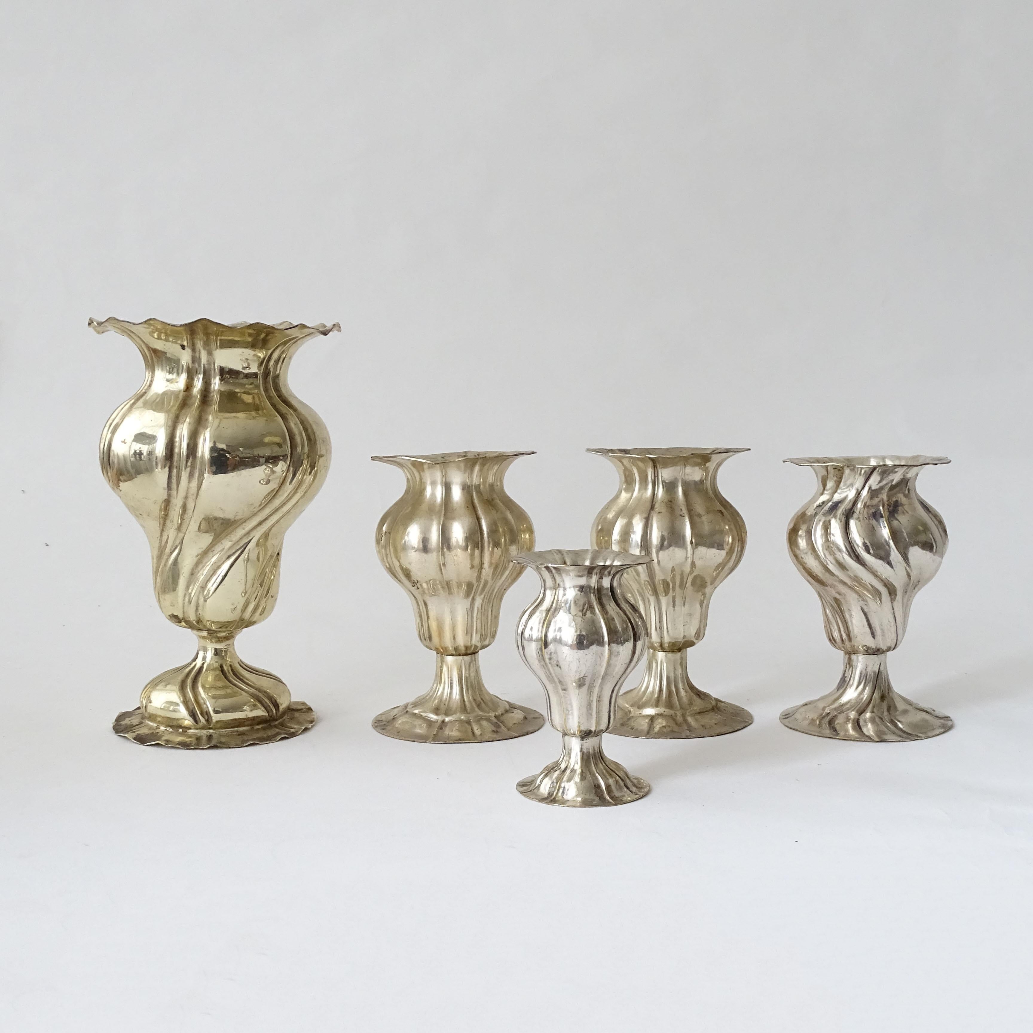Art Deco Five Small Antique Silverplate Swirling Soliflor Vases, Italy 1920s For Sale