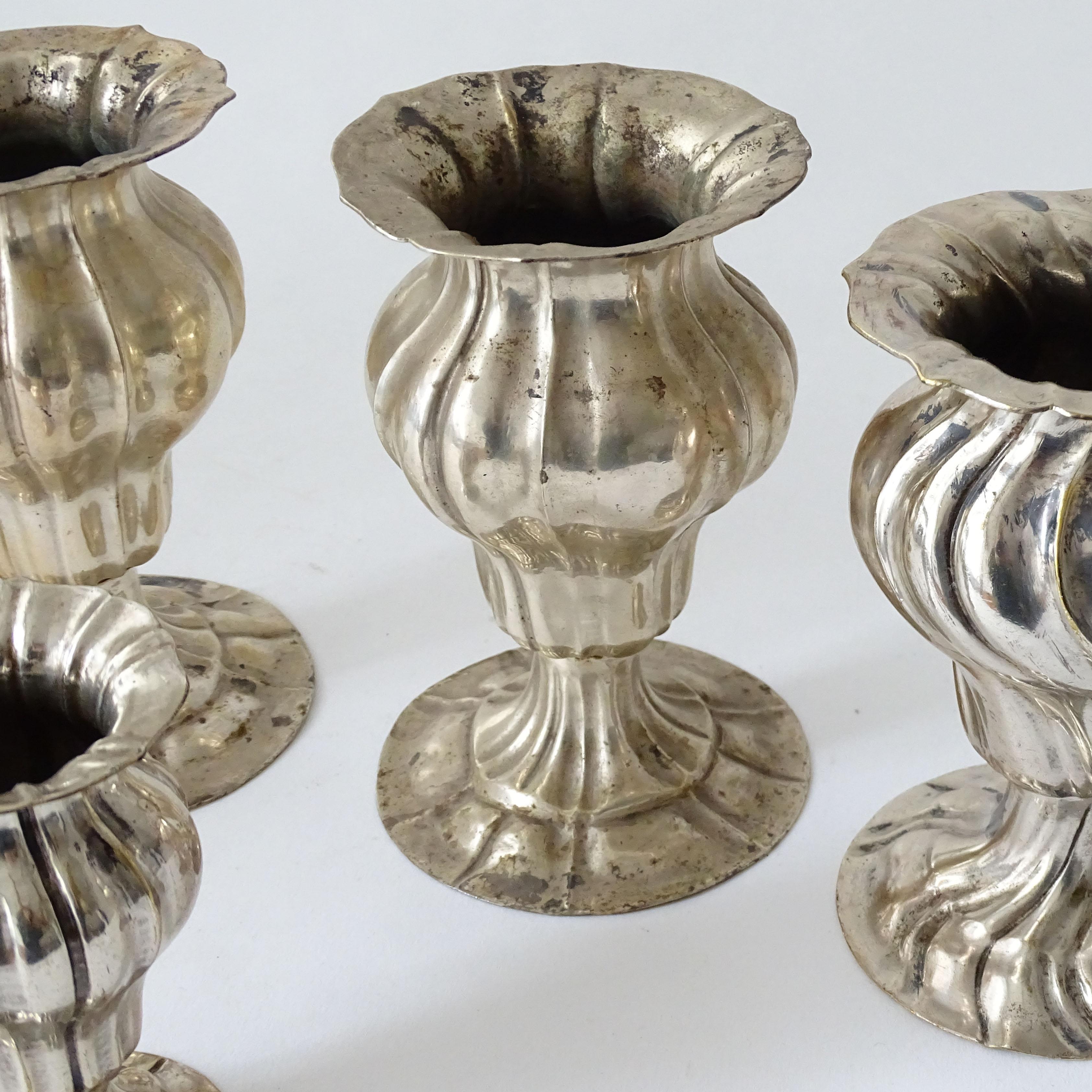 Italian Five Small Antique Silverplate Swirling Soliflor Vases, Italy 1920s For Sale