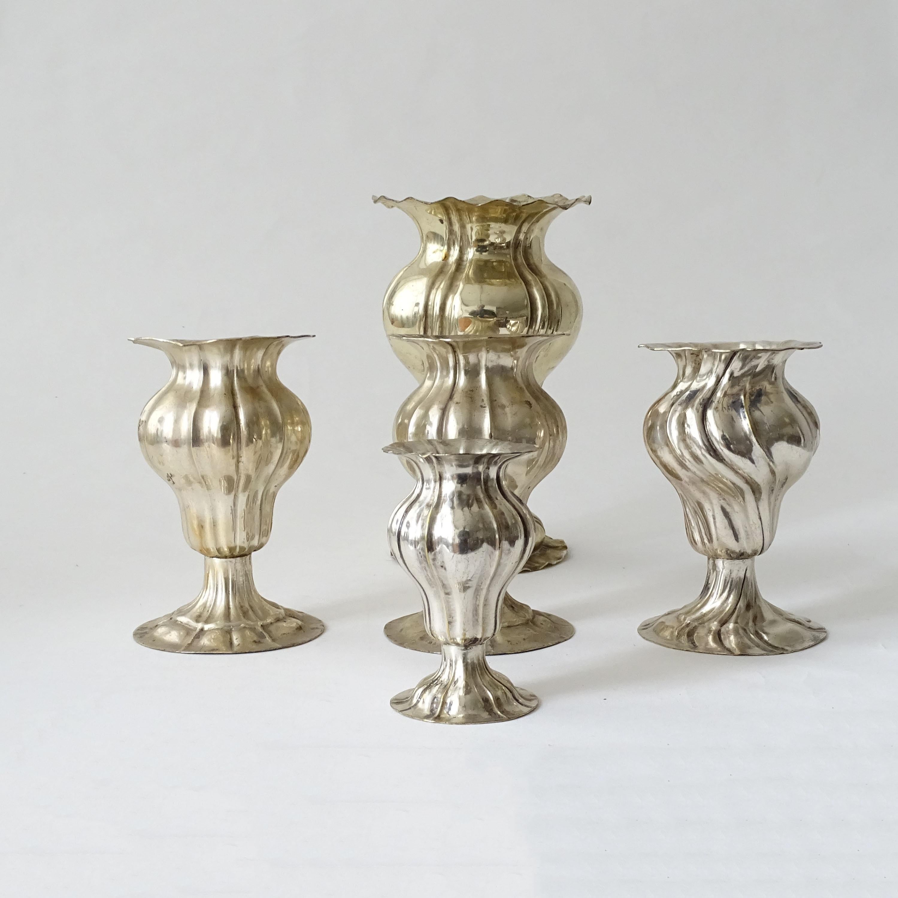 Silvered Five Small Antique Silverplate Swirling Soliflor Vases, Italy 1920s For Sale