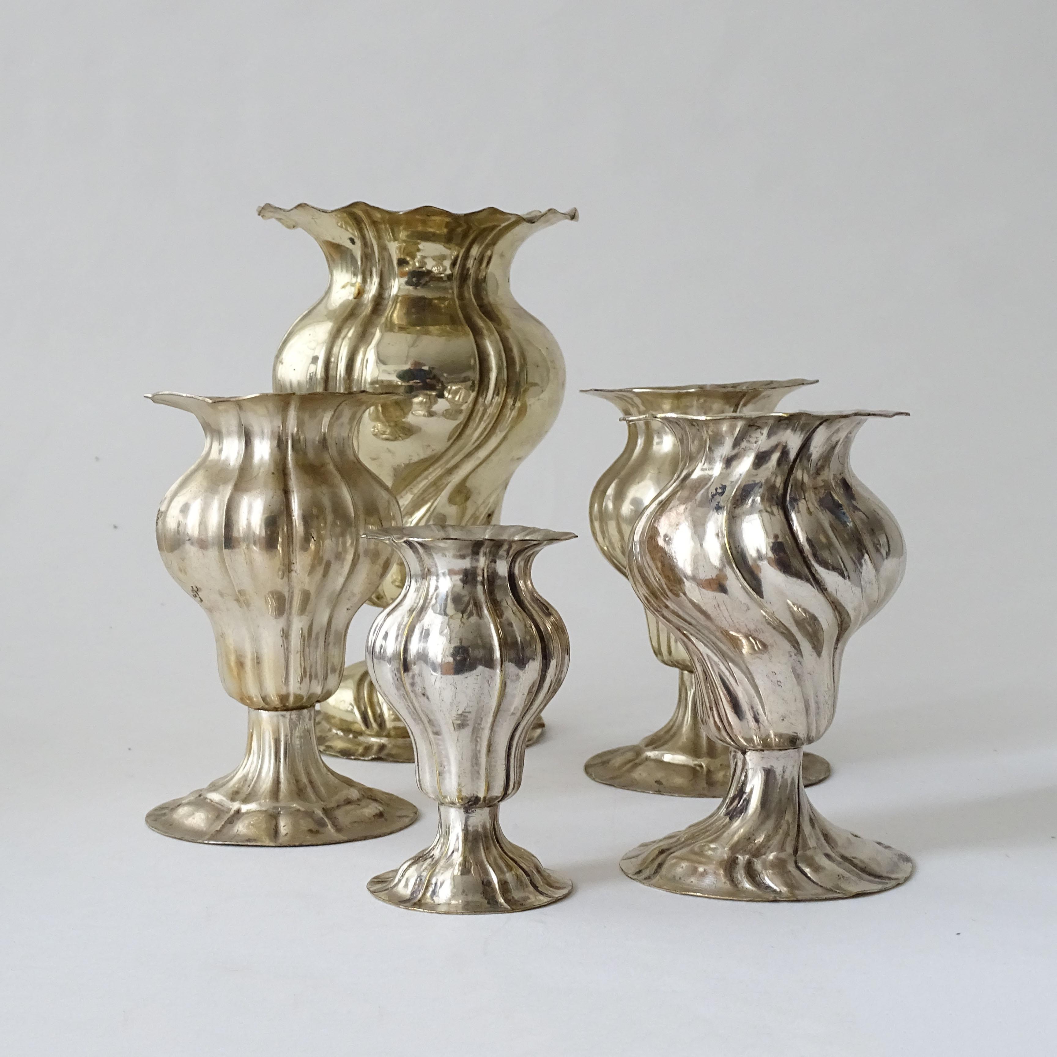 Early 20th Century Five Small Antique Silverplate Swirling Soliflor Vases, Italy 1920s For Sale