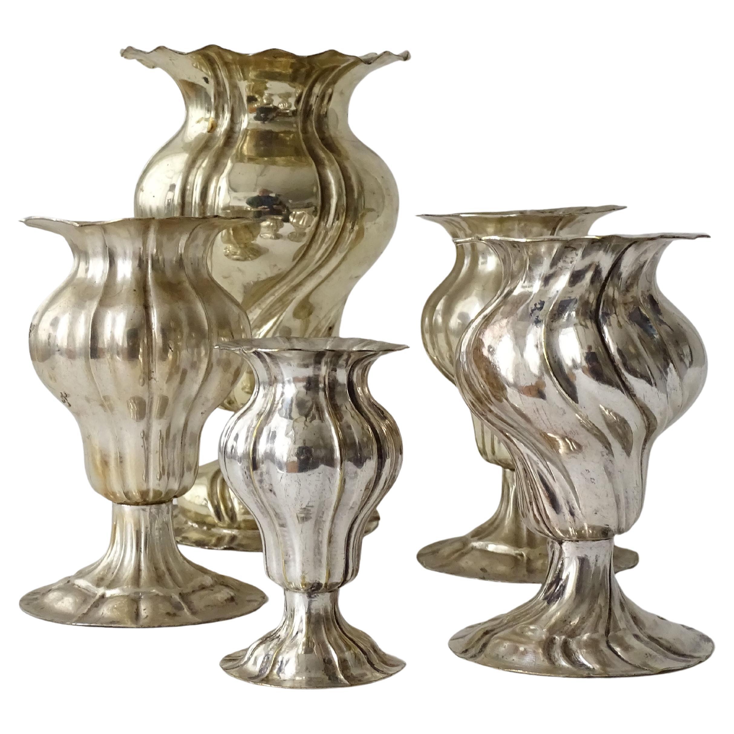 Five Small Antique Silverplate Swirling Soliflor Vases, Italy 1920s For Sale
