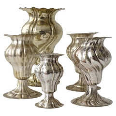 Five Small Used Silverplate Swirling Soliflor Vases, Italy 1920s