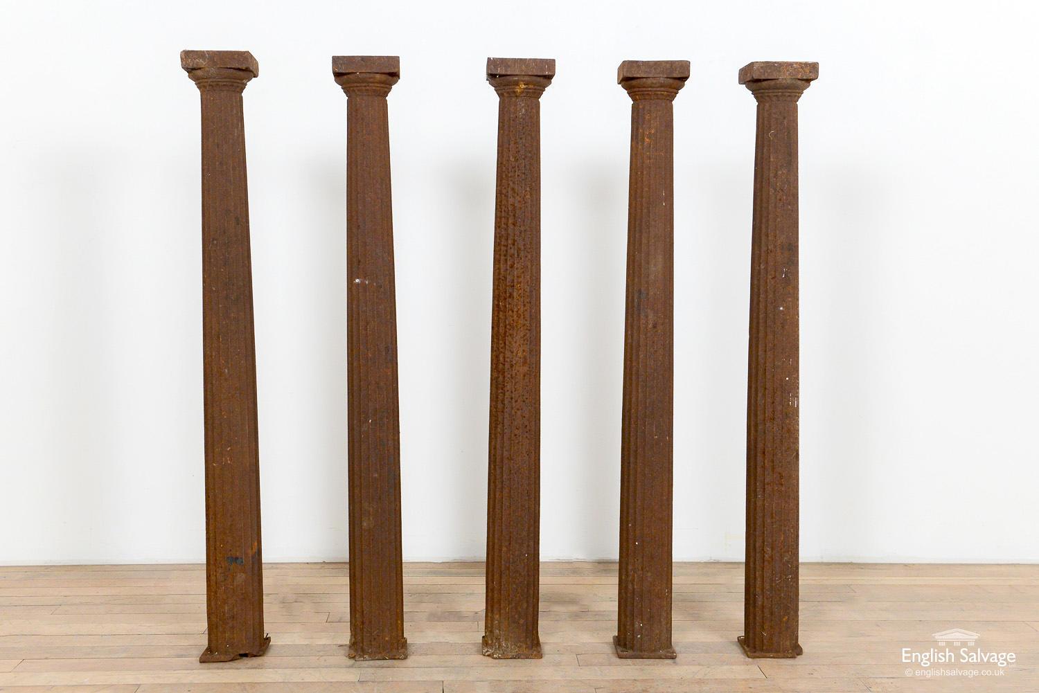 Reclaimed set of five antique columns with square ends and fluted detailing. Some loss to square edges to all.