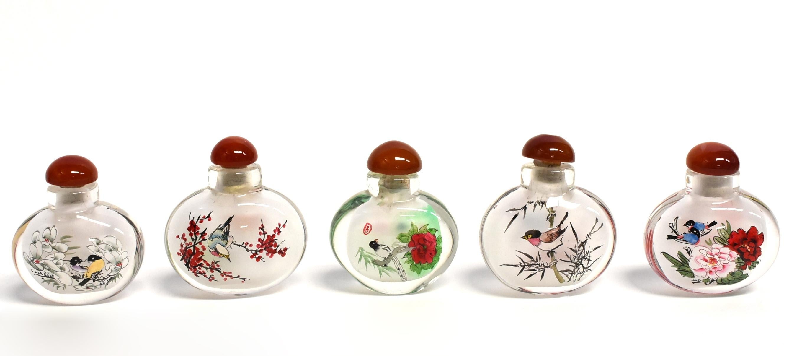 Chinese Snuff Bottles Reverse Painted Set 5 Birds  For Sale