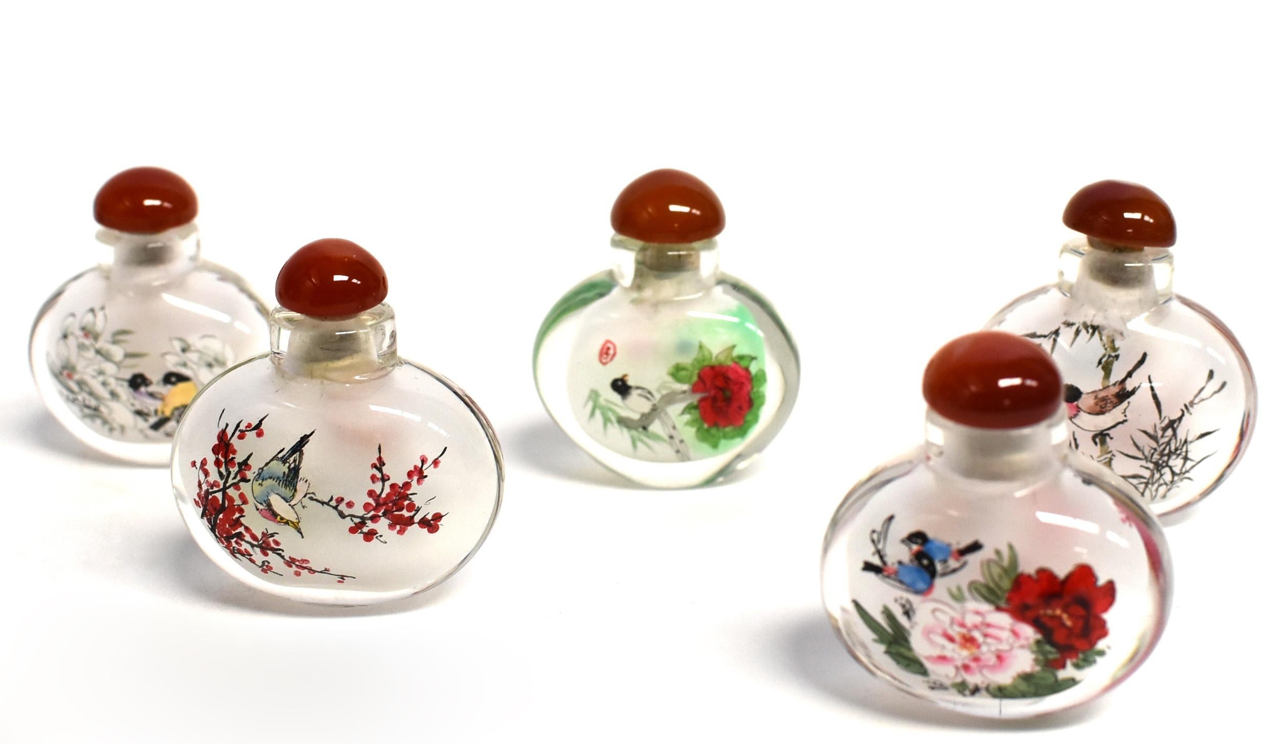 Chinese Snuff Bottles Reverse Painted Set 5 Birds  For Sale