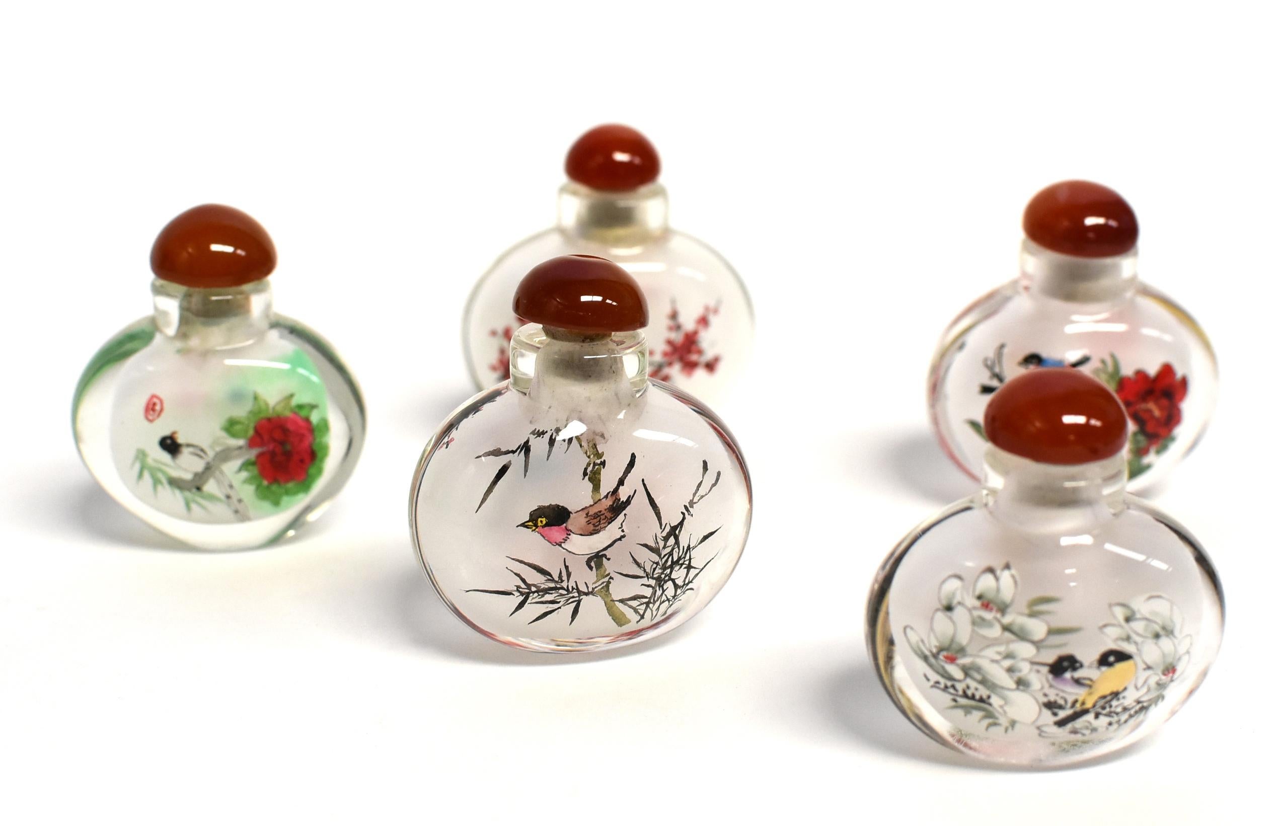 Contemporary Snuff Bottles Reverse Painted Set 5 Birds  For Sale