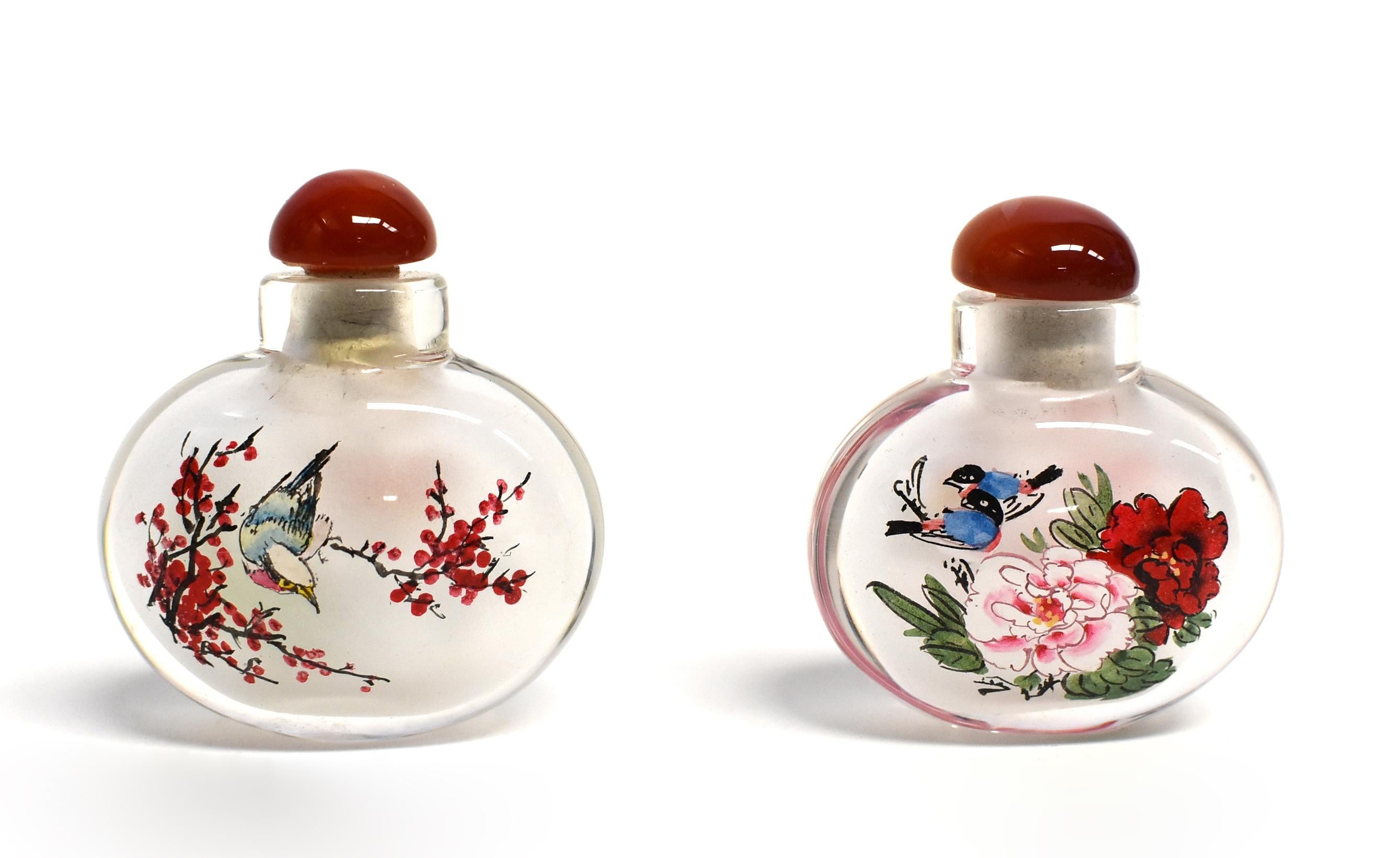 Agate Snuff Bottles Reverse Painted Set 5 Birds  For Sale