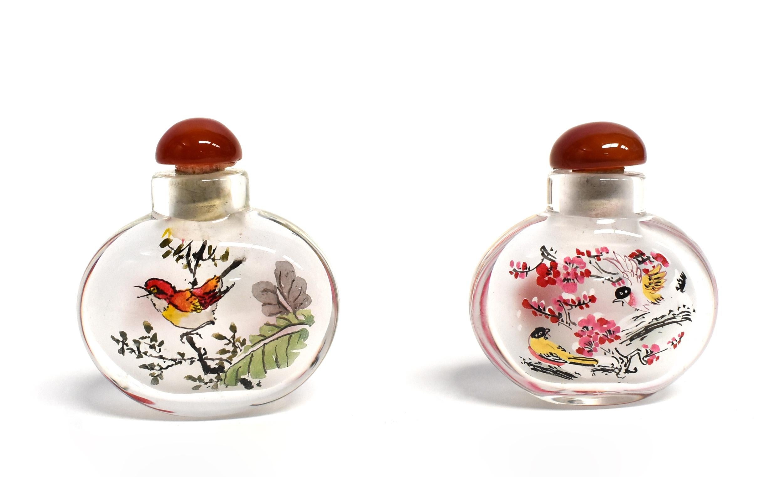 Agate Snuff Bottles Reverse Painted Set 5 Birds  For Sale