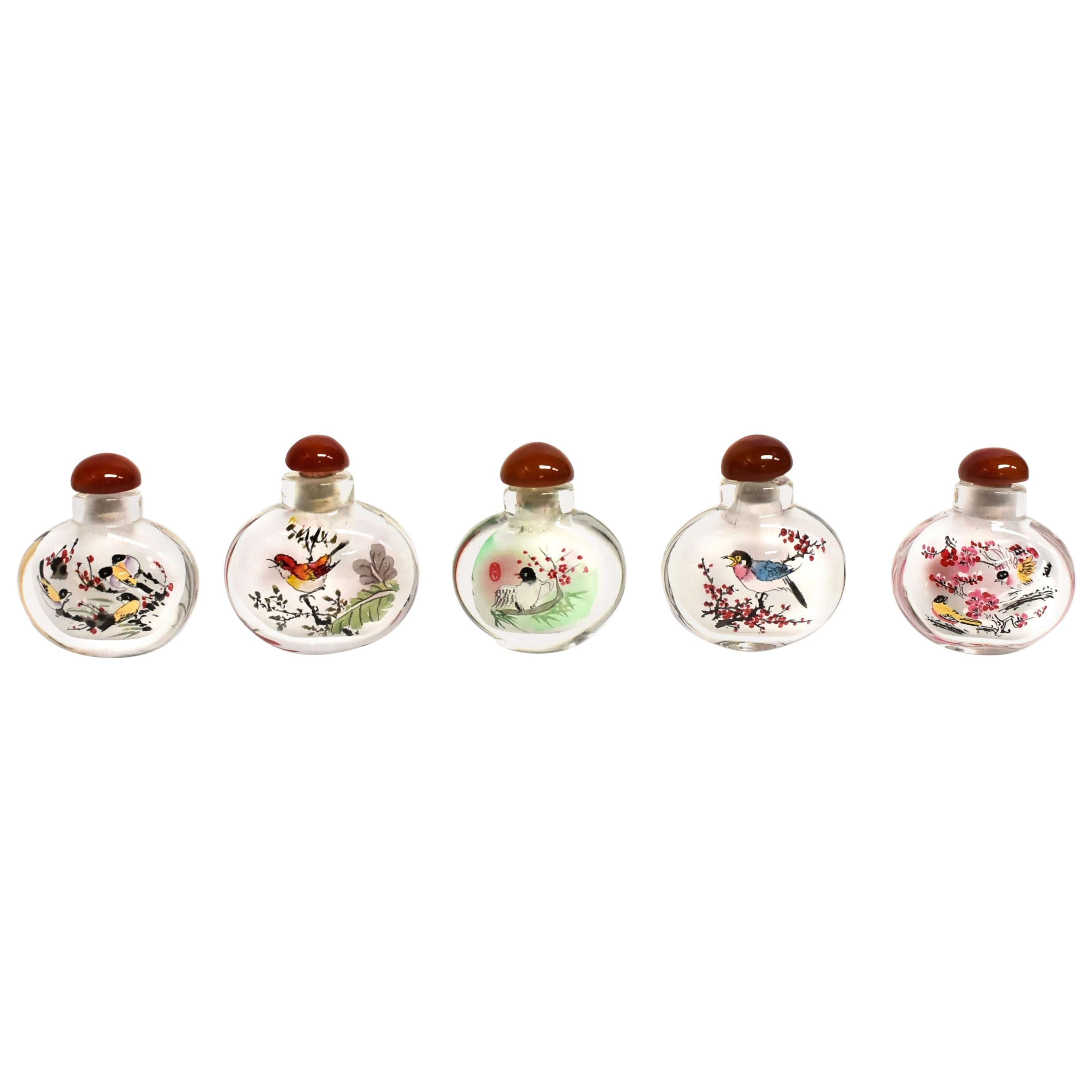 Snuff Bottles Reverse Painted Set 5 Birds  For Sale