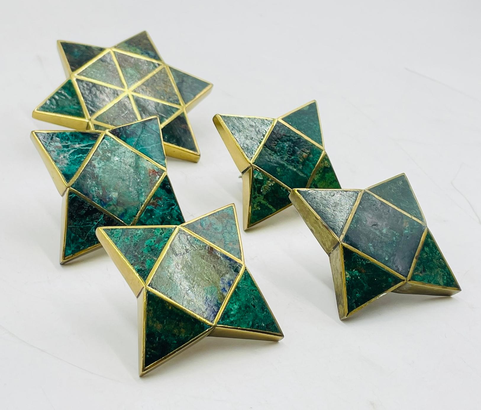 Five Star Shaped Door Pulls in Brass & Stone by Los Castillo, Mexico 1950's In Good Condition For Sale In Los Angeles, CA