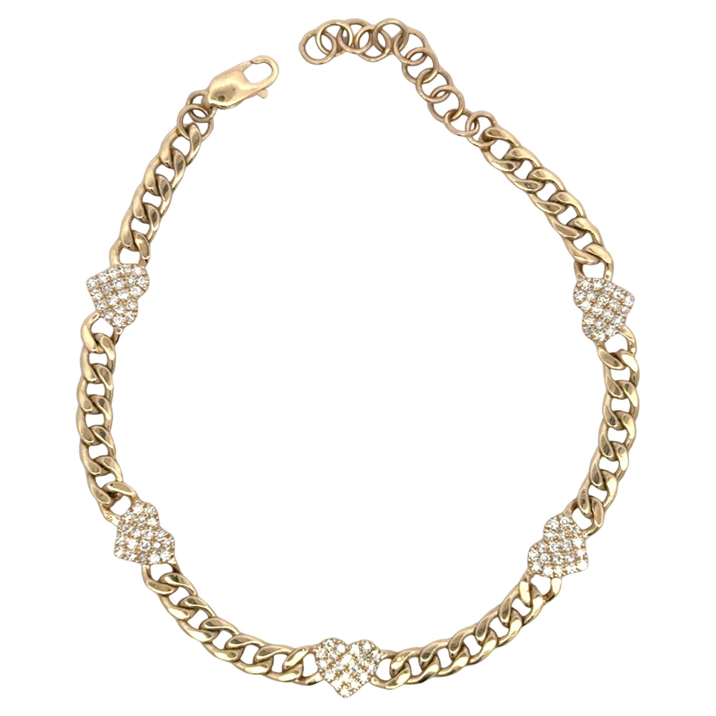 Bracelet à maillons cubains à cinq chaînes ajustable en or 14 carats avec cœurs de diamants 0,39 carat