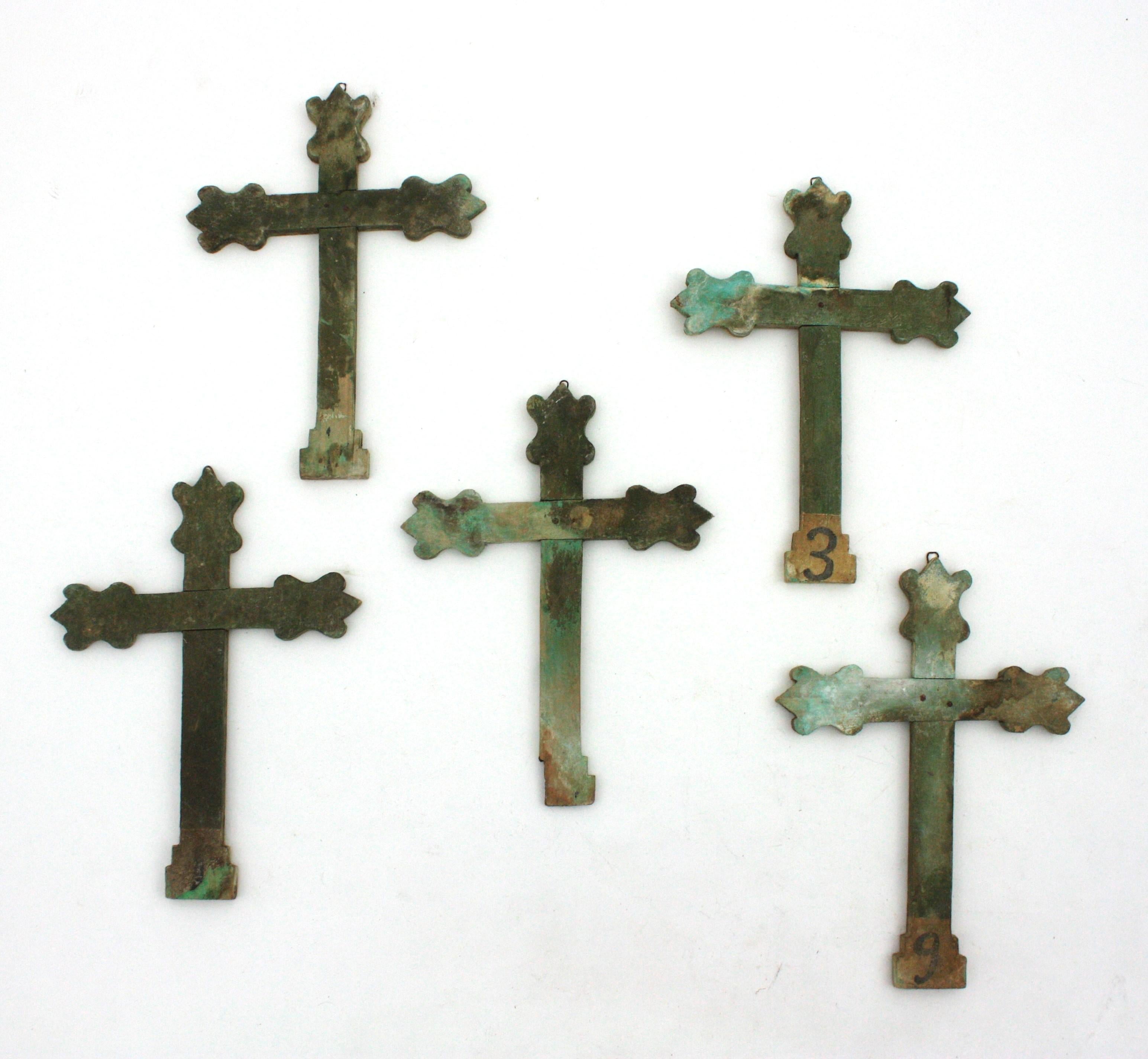 Wood Five Stations of The Cross Via Crucis Wall Decoration, Spain, 1940s For Sale