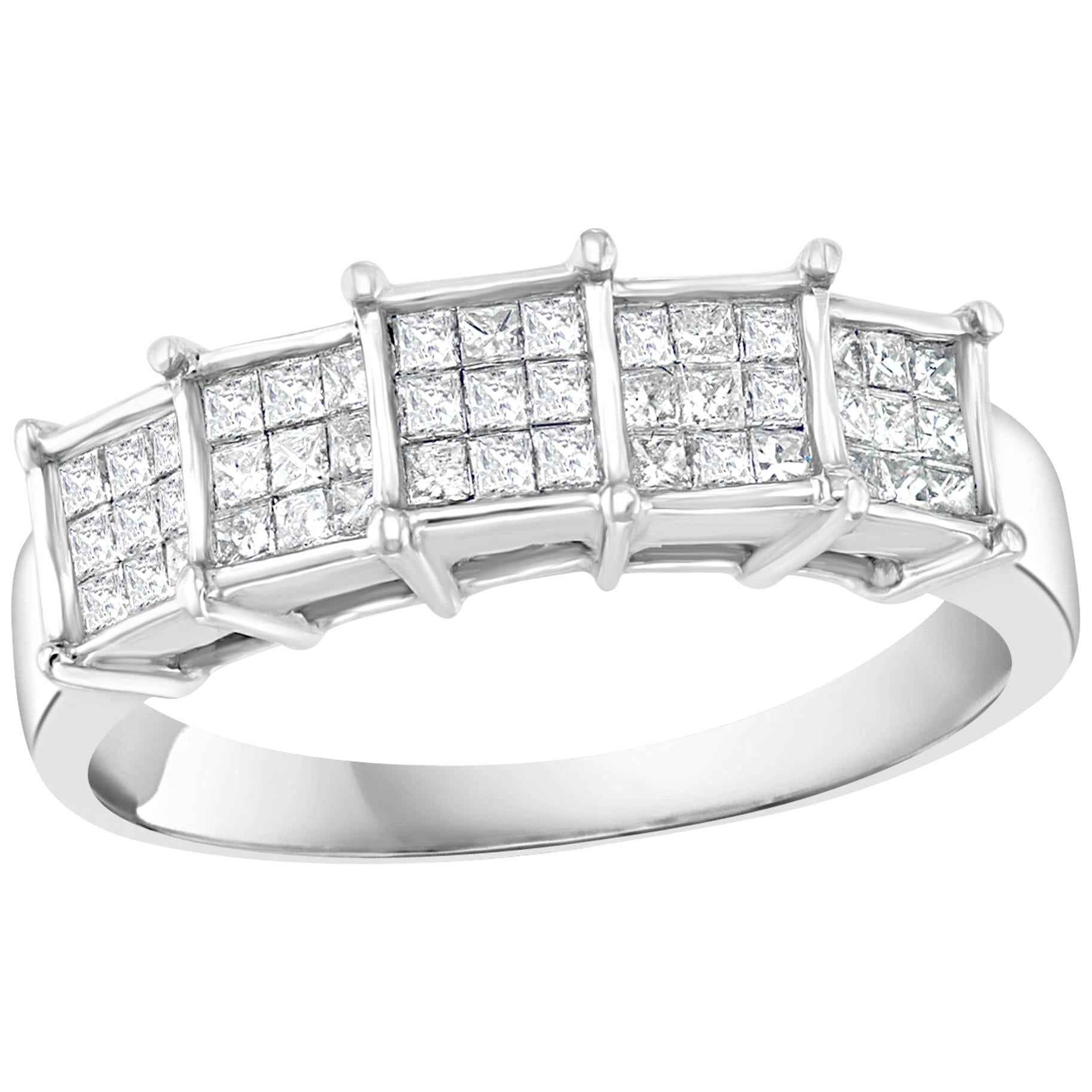 Five Stone 0.5 Carat Princess Cut Diamond Cluster 14 Karat White Gold For Sale