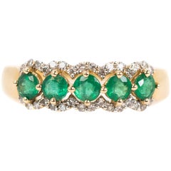 Five-Stone 1 Carat Total Emerald and 0.25 Carat Diamond 14 Karat Gold Band Ring