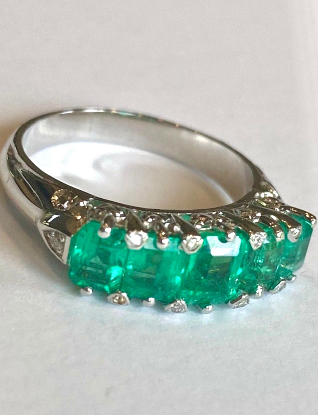 New Inspired on Victorian Era! Magnificent Colombian Emerald Five-Stone Ring 18 Karat White Gold
The five natural Colombian emeralds show excellent clarity, and excellent color AAA medium green, weighing approximately 3.00 carats total,  all claw