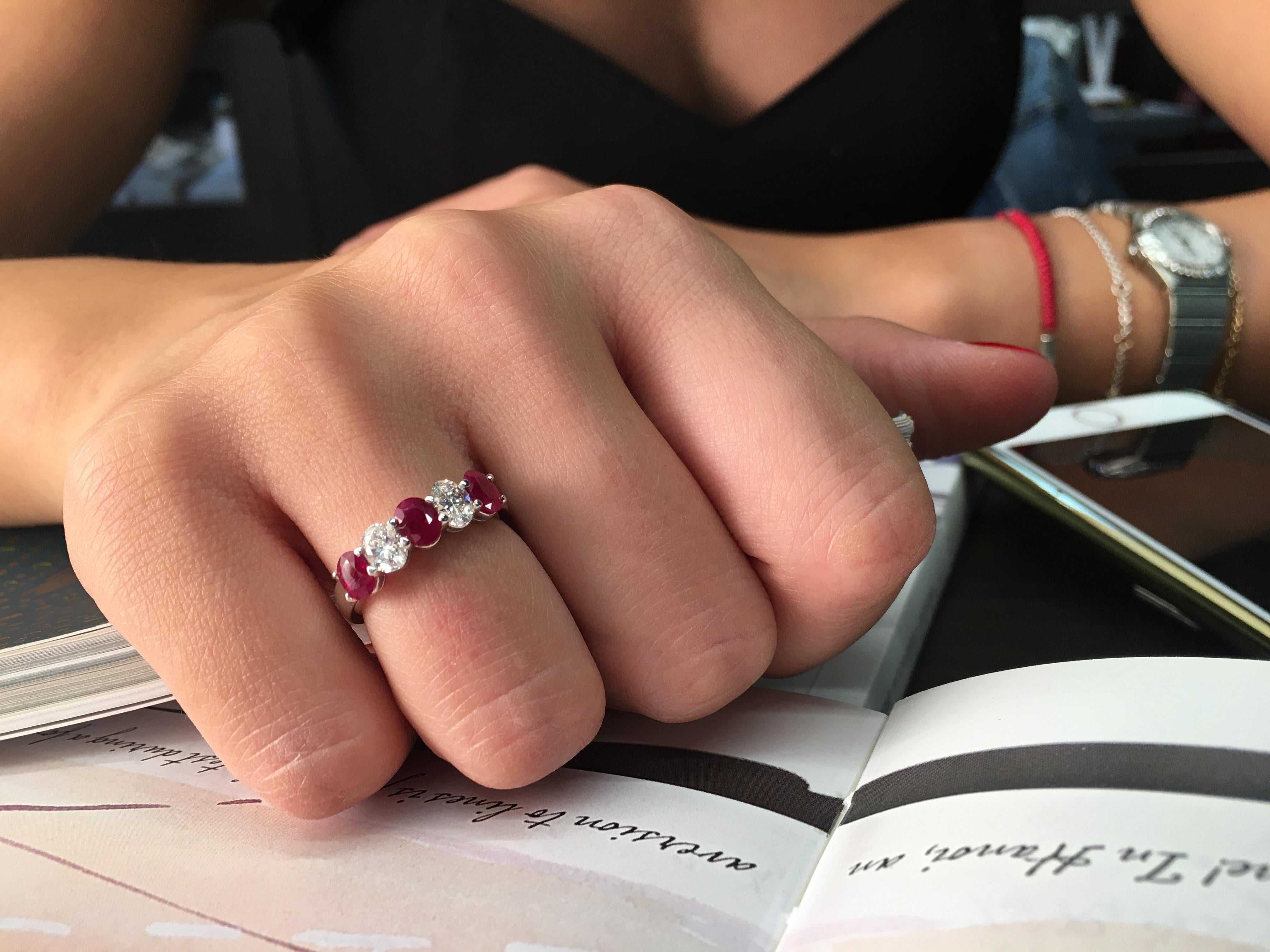 Diamond and ruby anniversary ring hand crafted in 18K white gold. Amazing high end quality.
Stunning diamond ruby eternity band crafted in 18K white gold with high end touches and finishes. Something like this will cost a fortune in any name brand