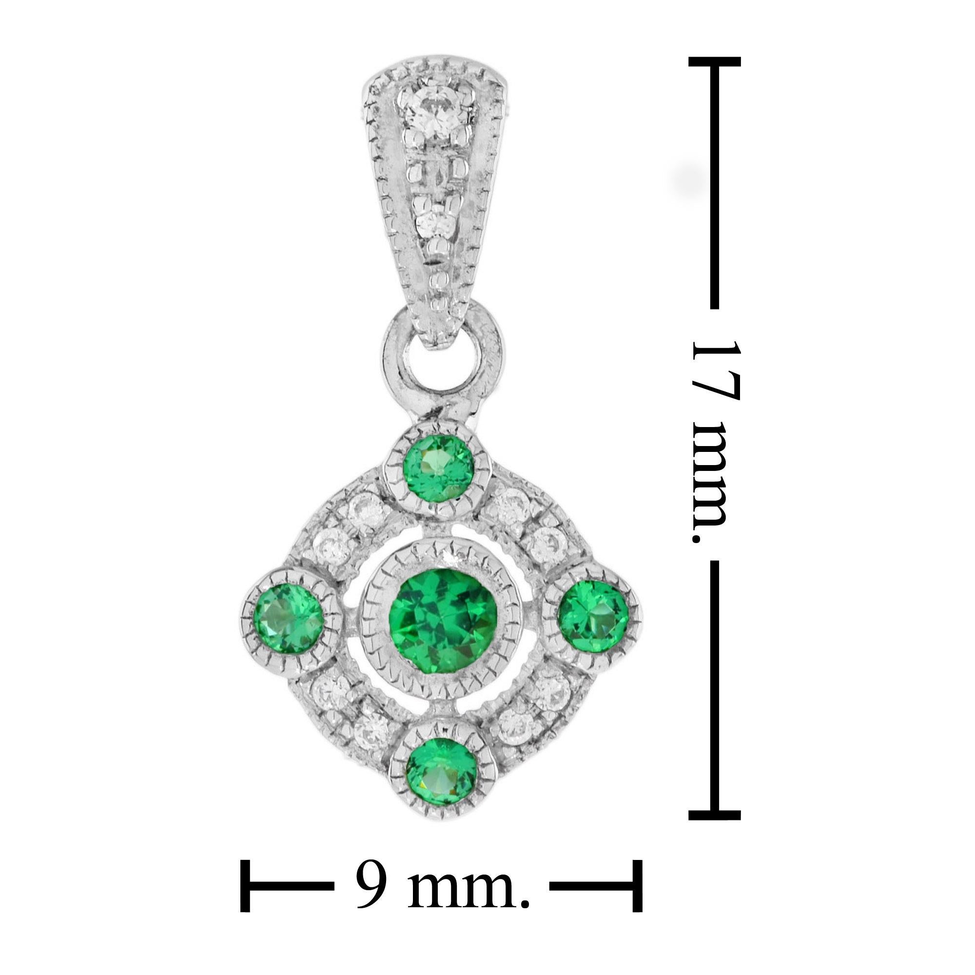 Five Stone Green Round Emerald & Diamond Art Deco Style 14K White Gold Pendant In New Condition For Sale In Oakton, VA