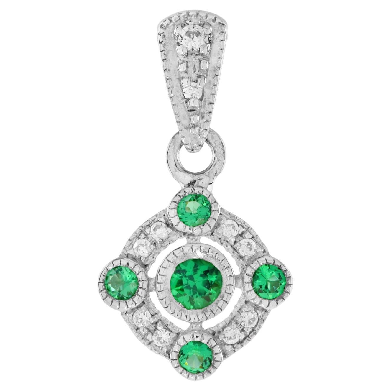 Five Stone Green Round Emerald & Diamond Art Deco Style 14K White Gold Pendant For Sale