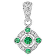 Five Stone Green Round Emerald & Diamond Art Deco Style 14K White Gold Pendant