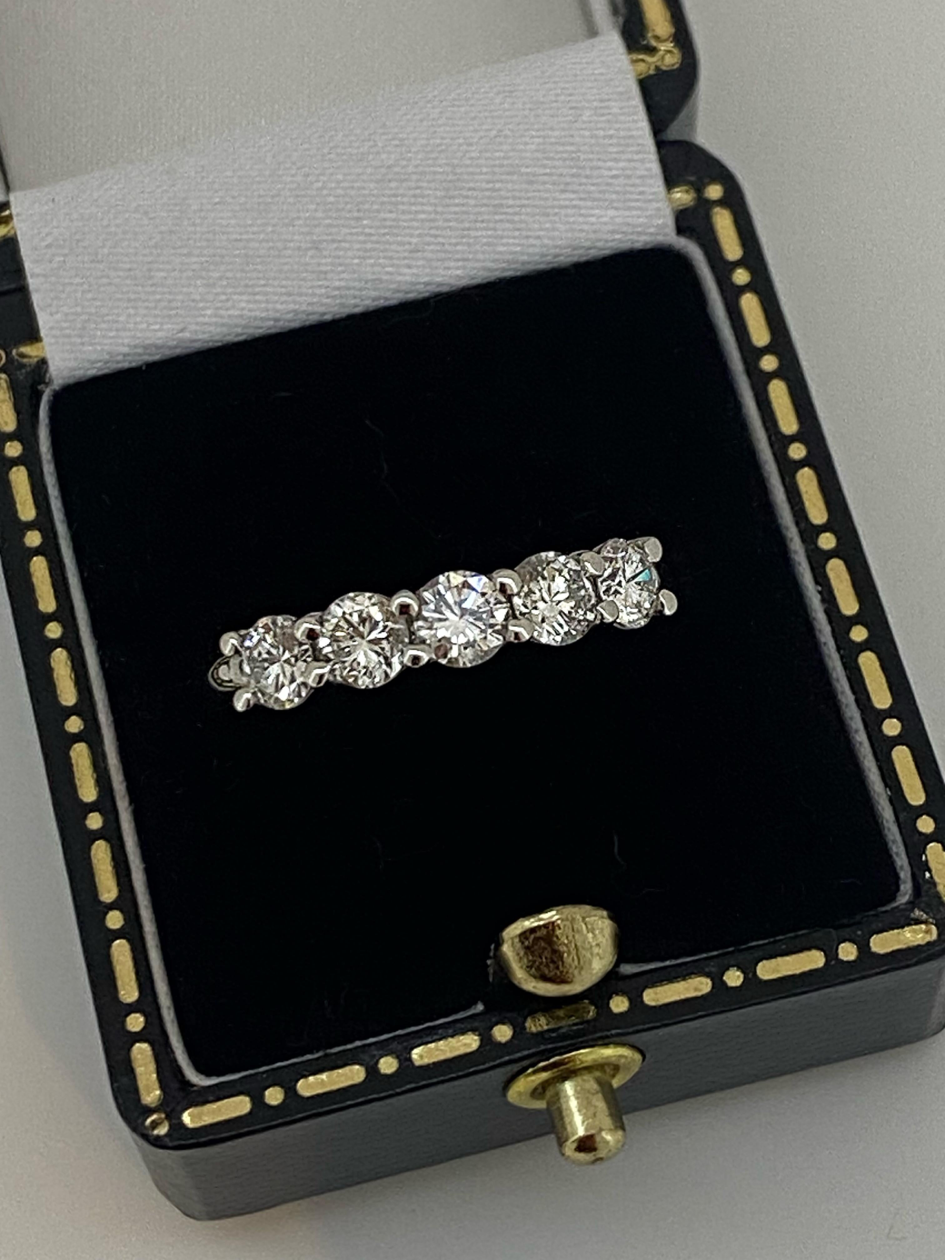 Modern Five-Stone Half Eternity 1.20ct Diamond Prong Set 18K White Gold Ring/Band For Sale