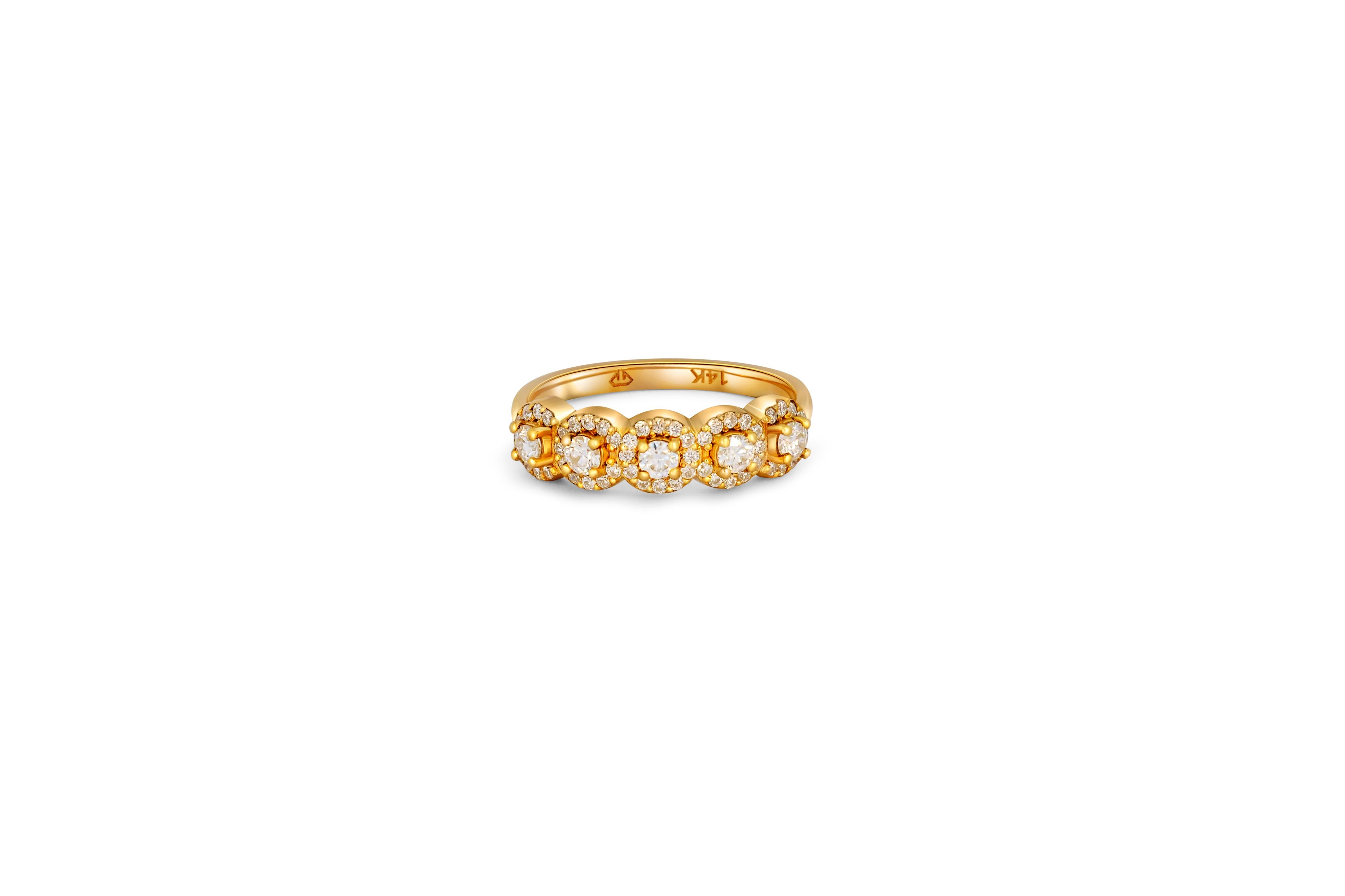 Women's or Men's Five-Stone Halo Wedding Band in 14k gold For Sale