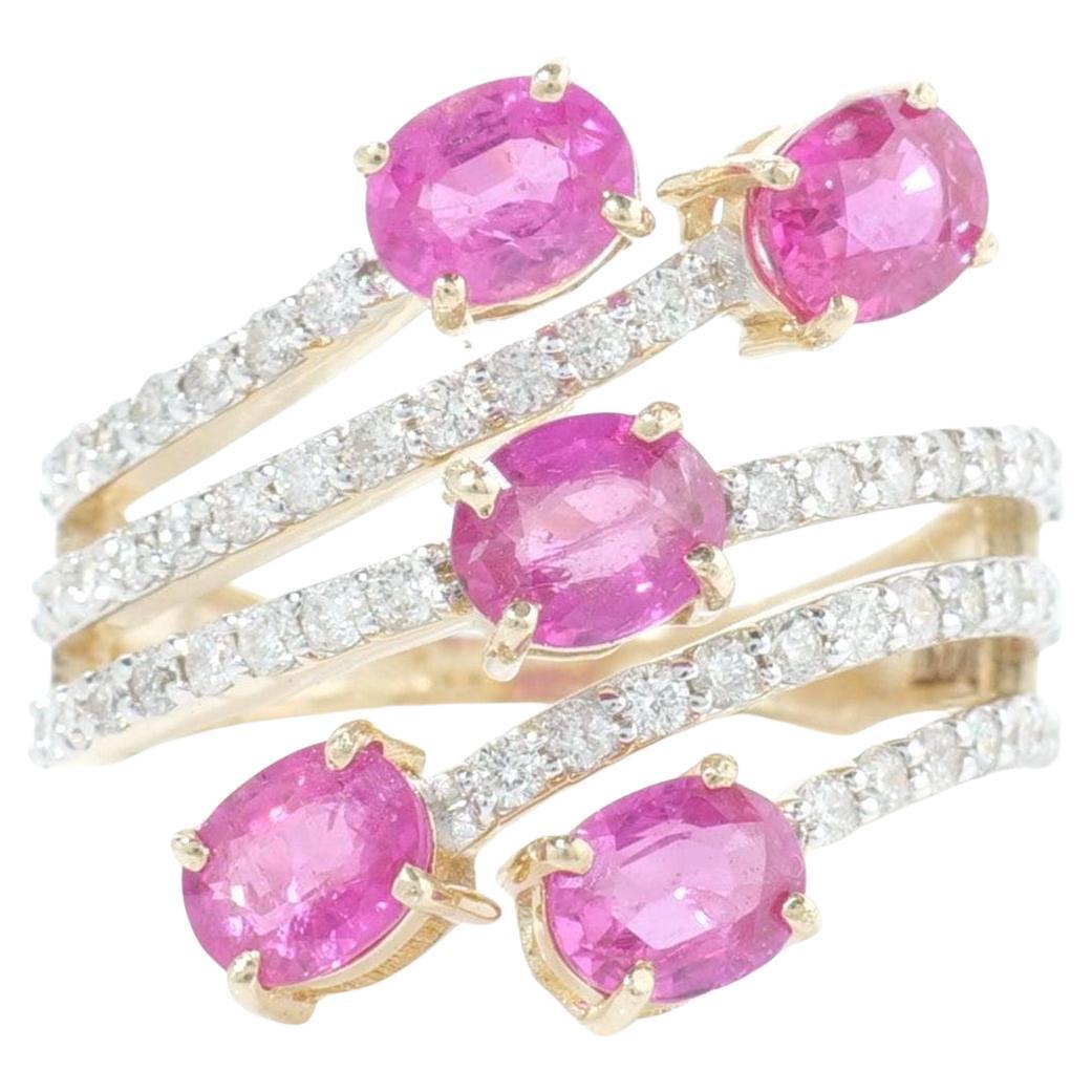 Five Stone Natural Pink Sapphire 
Diamond Ring in 14K Solid Gold (Certified)