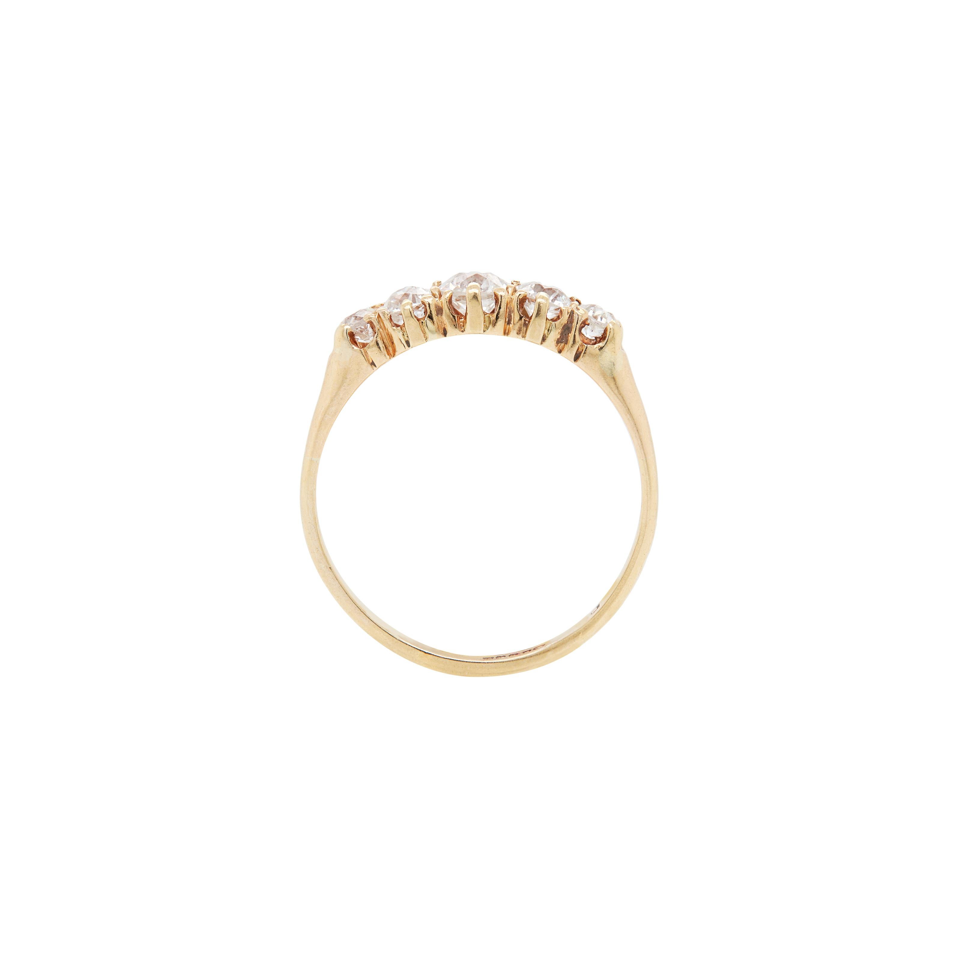 This stunning five stone old cut diamond ring is divine.

Five graduating old european cut diamonds of fine colour and wonderful quality are discretely claw-set into this beautiful ring. Because of their antique age, the stones would have been