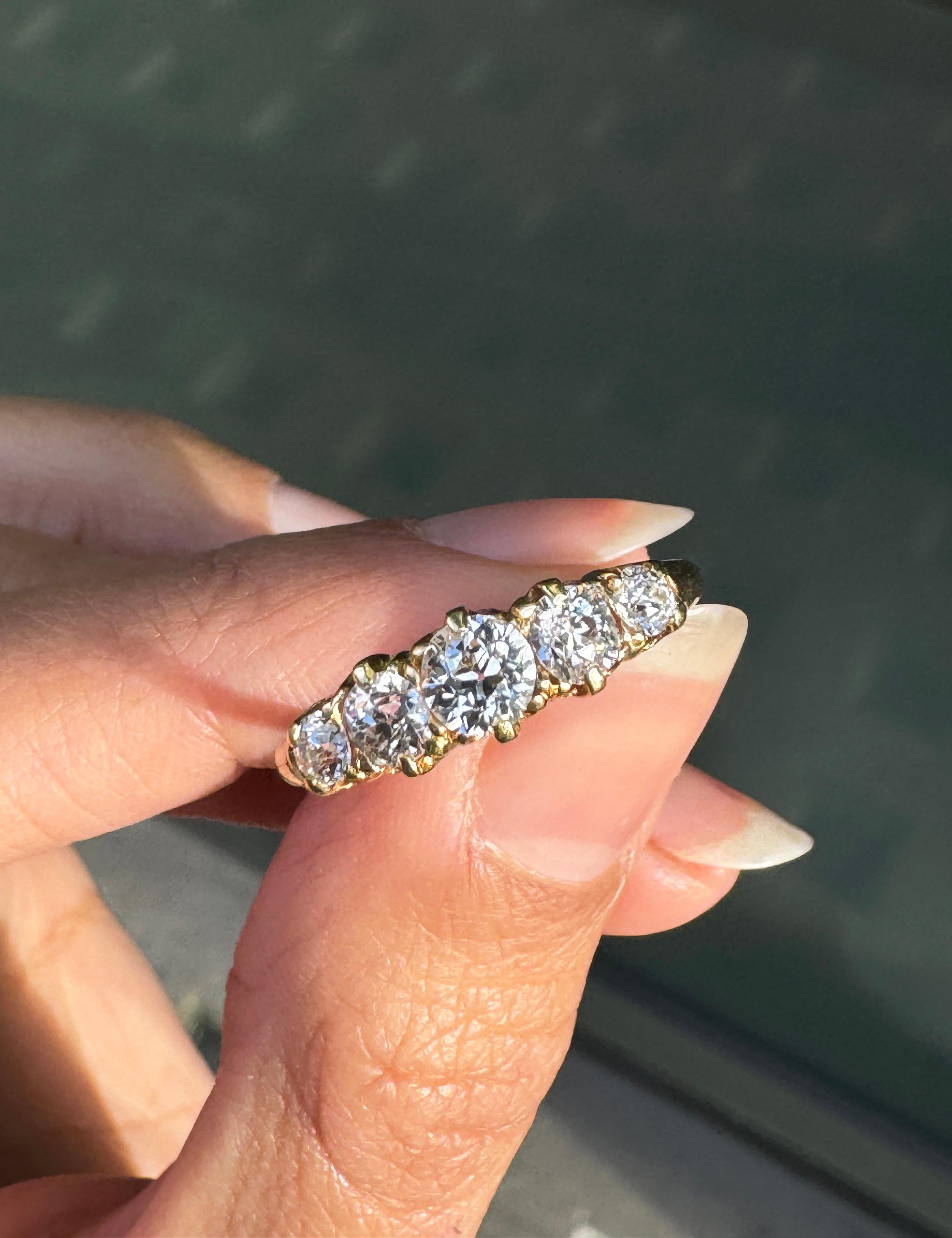 Victorian Five Stone Old Cut Diamond Ring in 18 Carat Yellow Gold For Sale